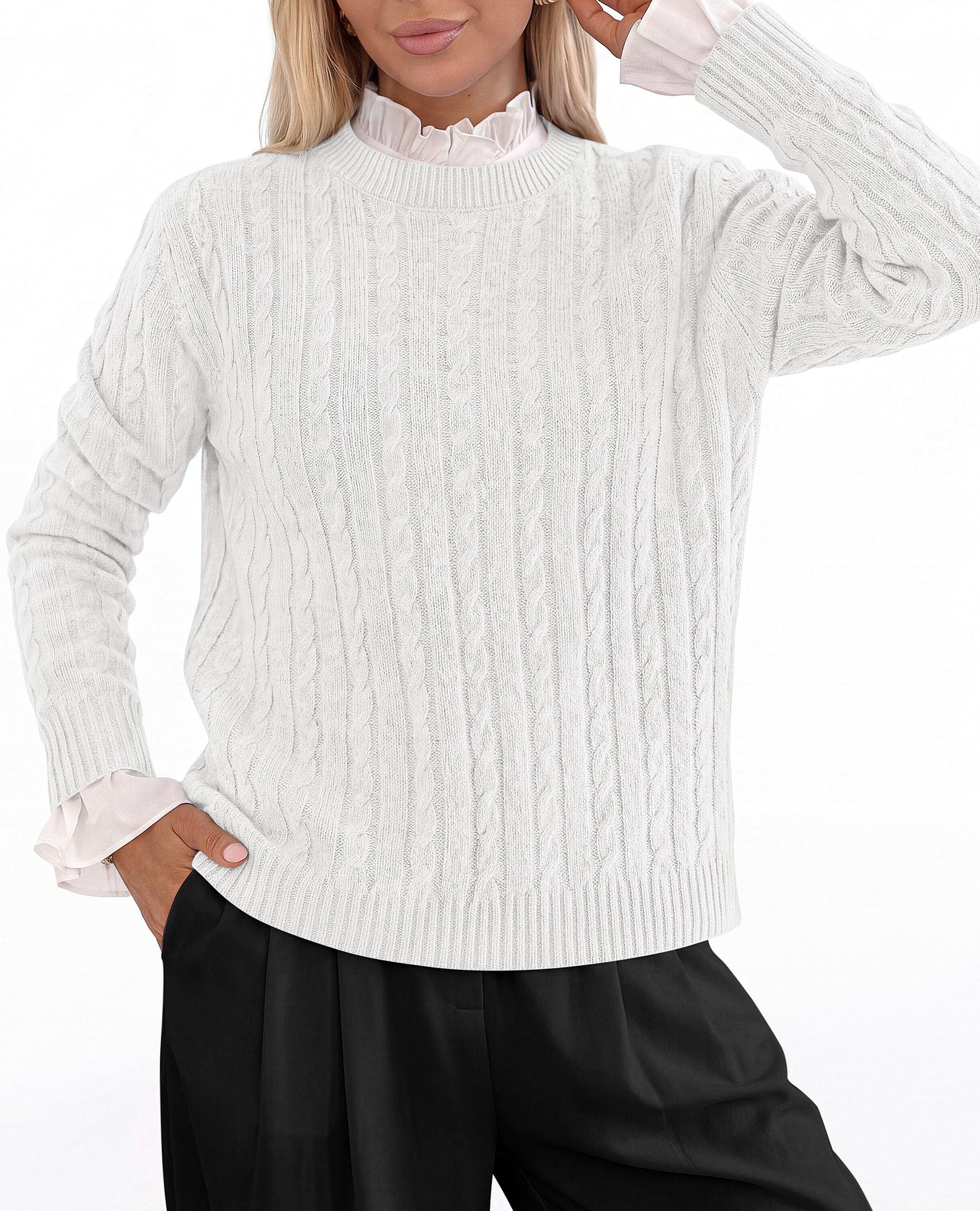 Womens Cable Knit Crewneck Fall Sweater Long Sleeve Tops 2026