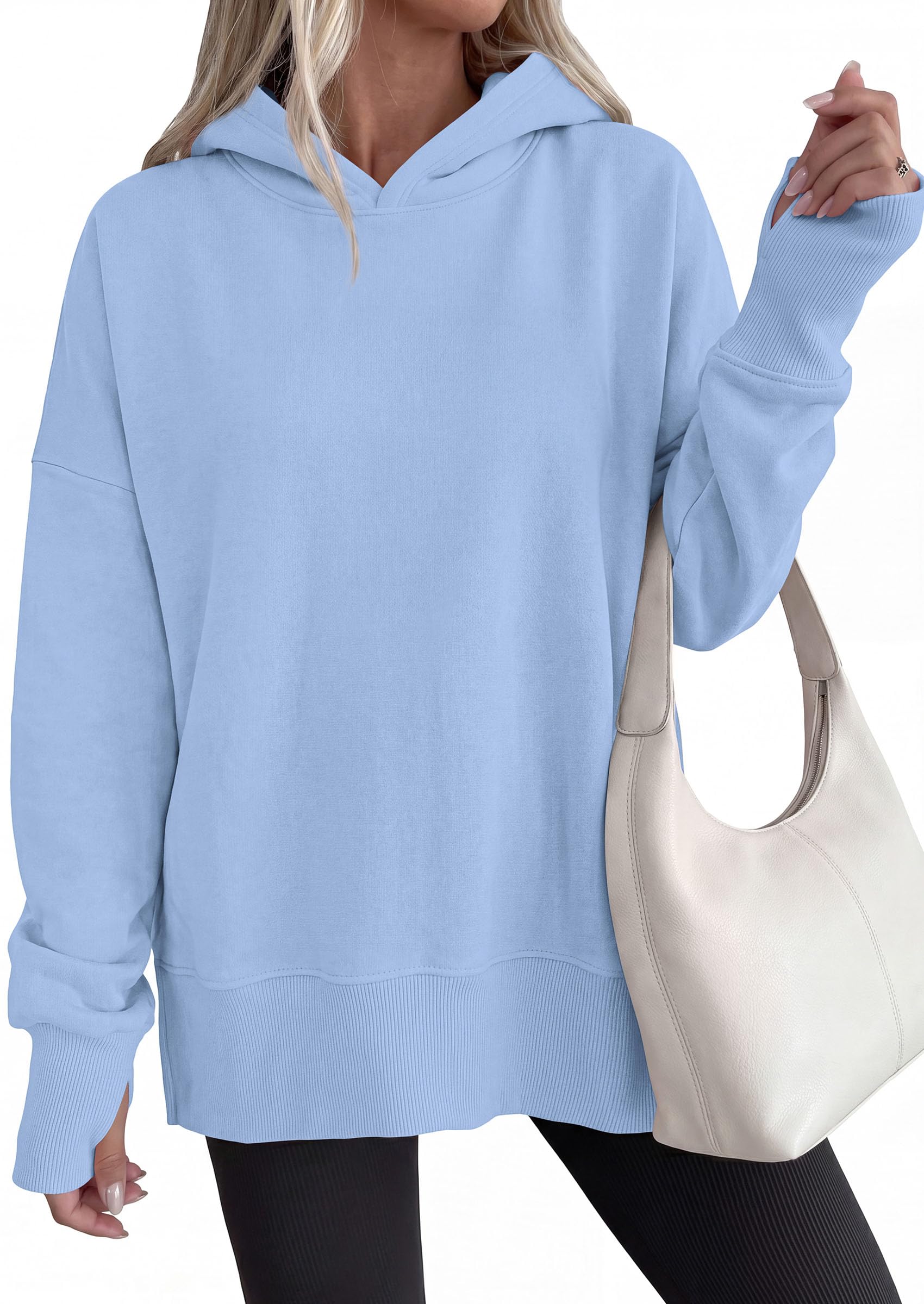 Womens Oversized Hoodies Side Slit Sweatshirts Light Blue,L