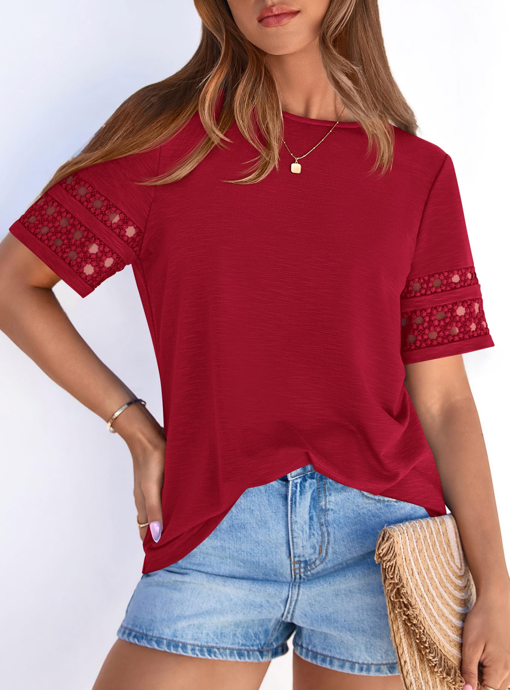 Women's Summer Short Sleeve Lace Trim T-Shirts,Red,S