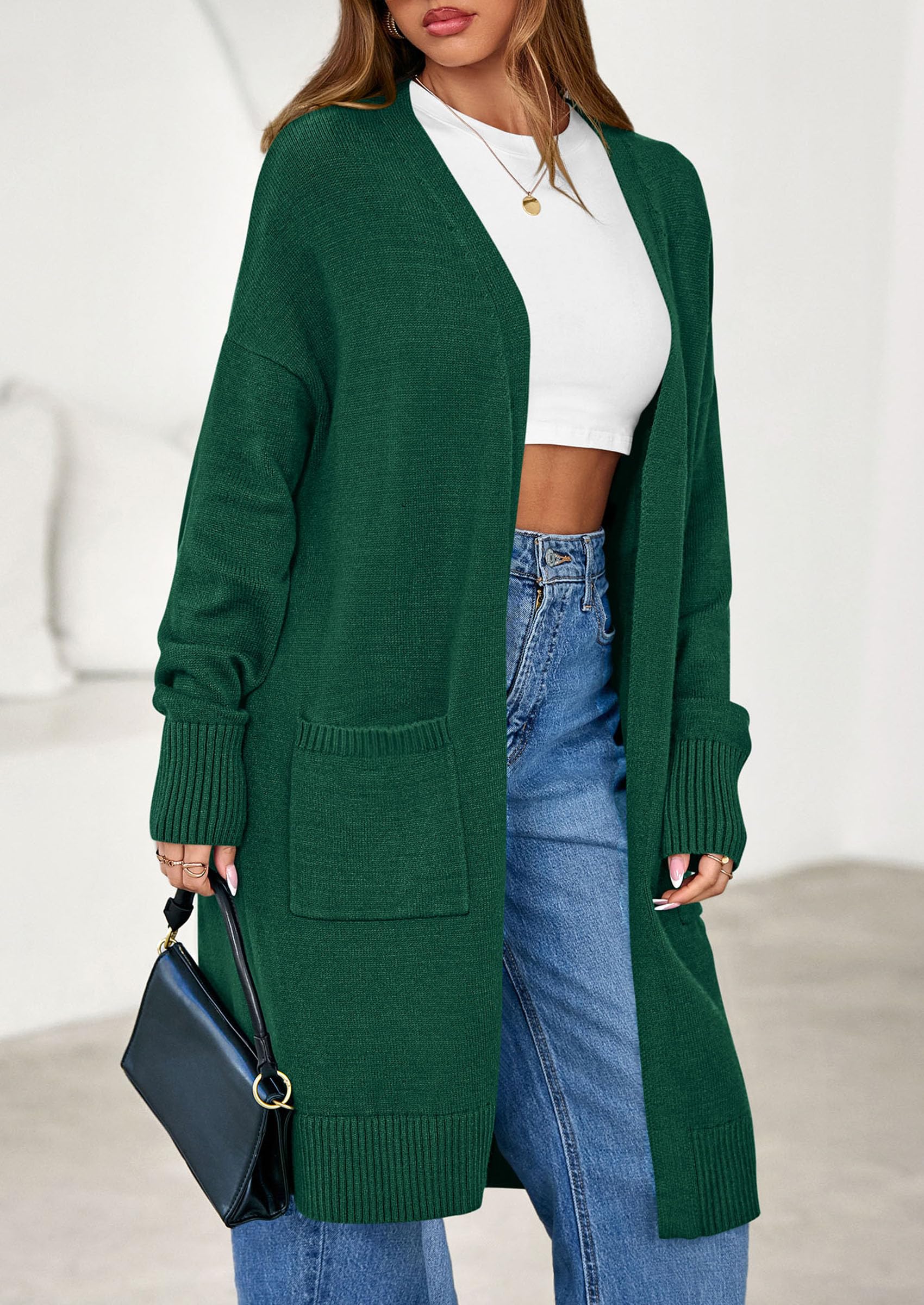Women's Oversized Open Front Long Knit Cardigan,Green,S