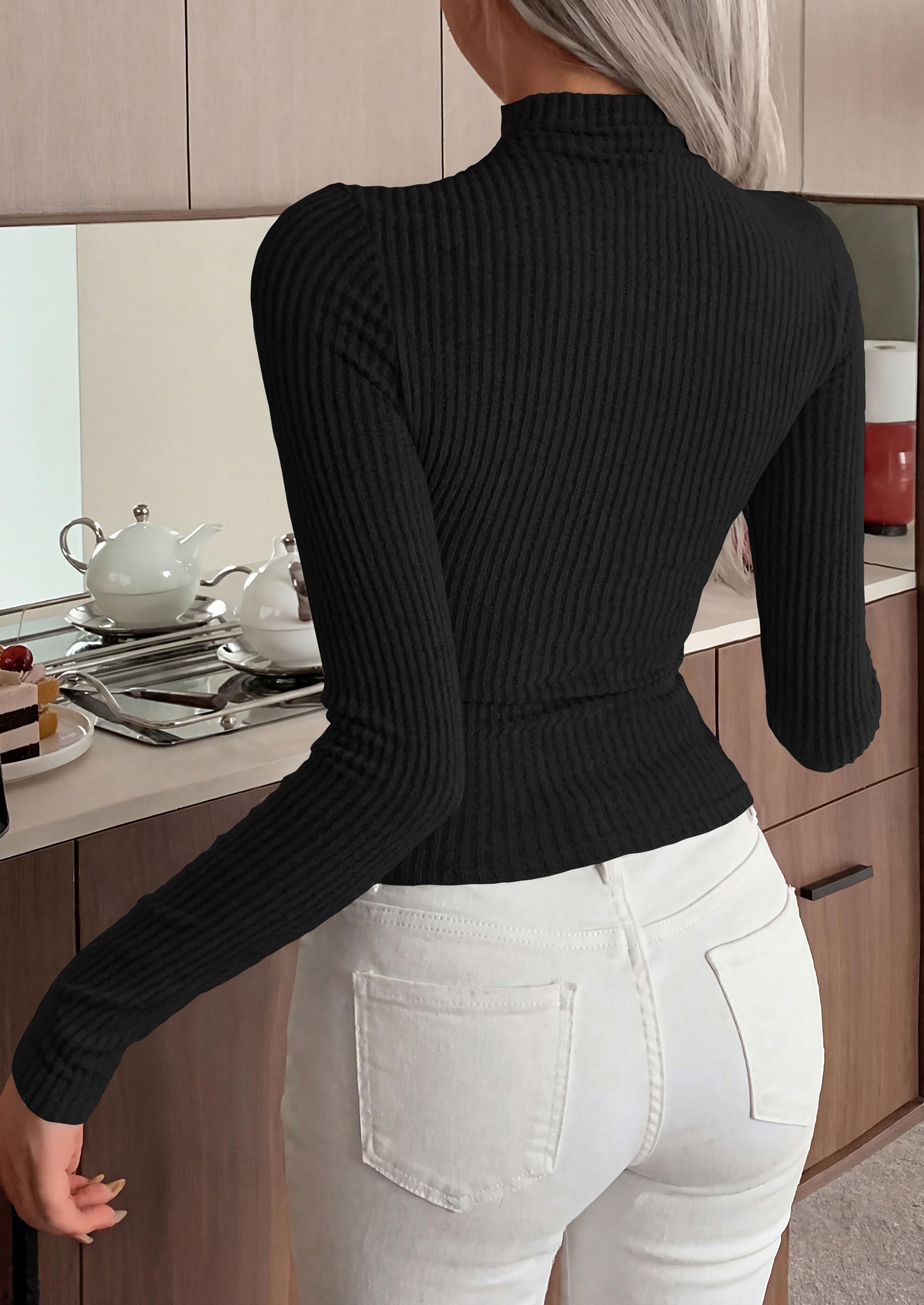 Long Sleeve Shirts for Women Fall Ribbed Mock Turtleneck Tops