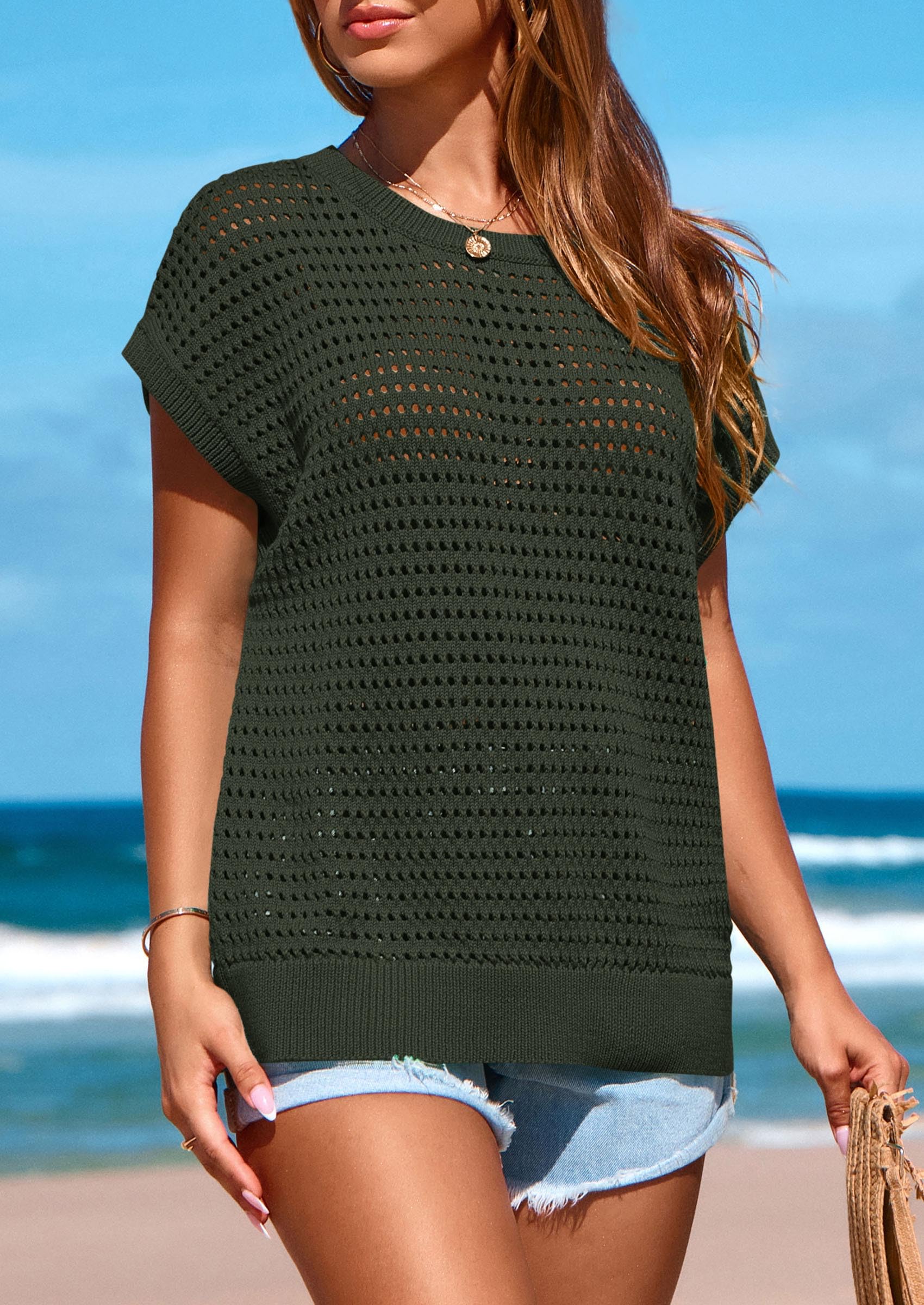 Women's Summer Crochet Cap Sleeve Sweater Tops,Army Green,S