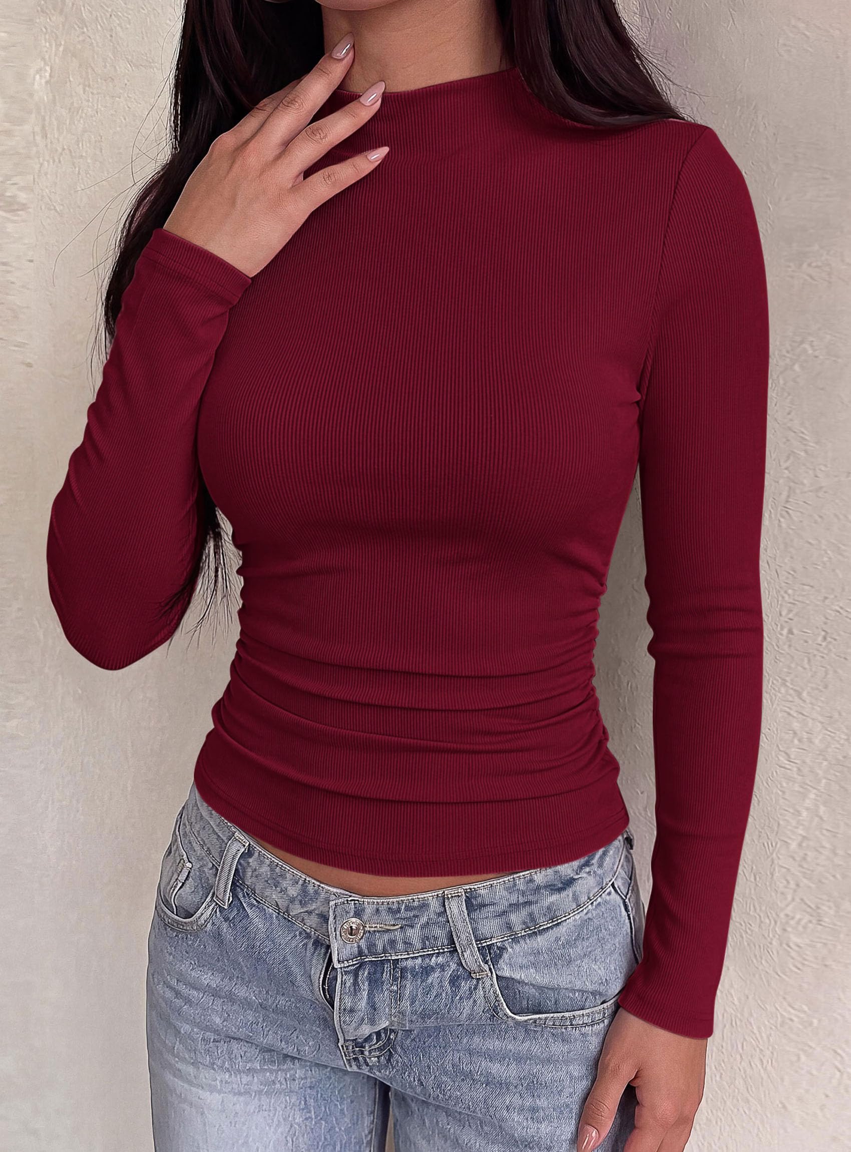 Womens Tops Casual Mock Neck Long Sleeve Shirts,Burgundy,M
