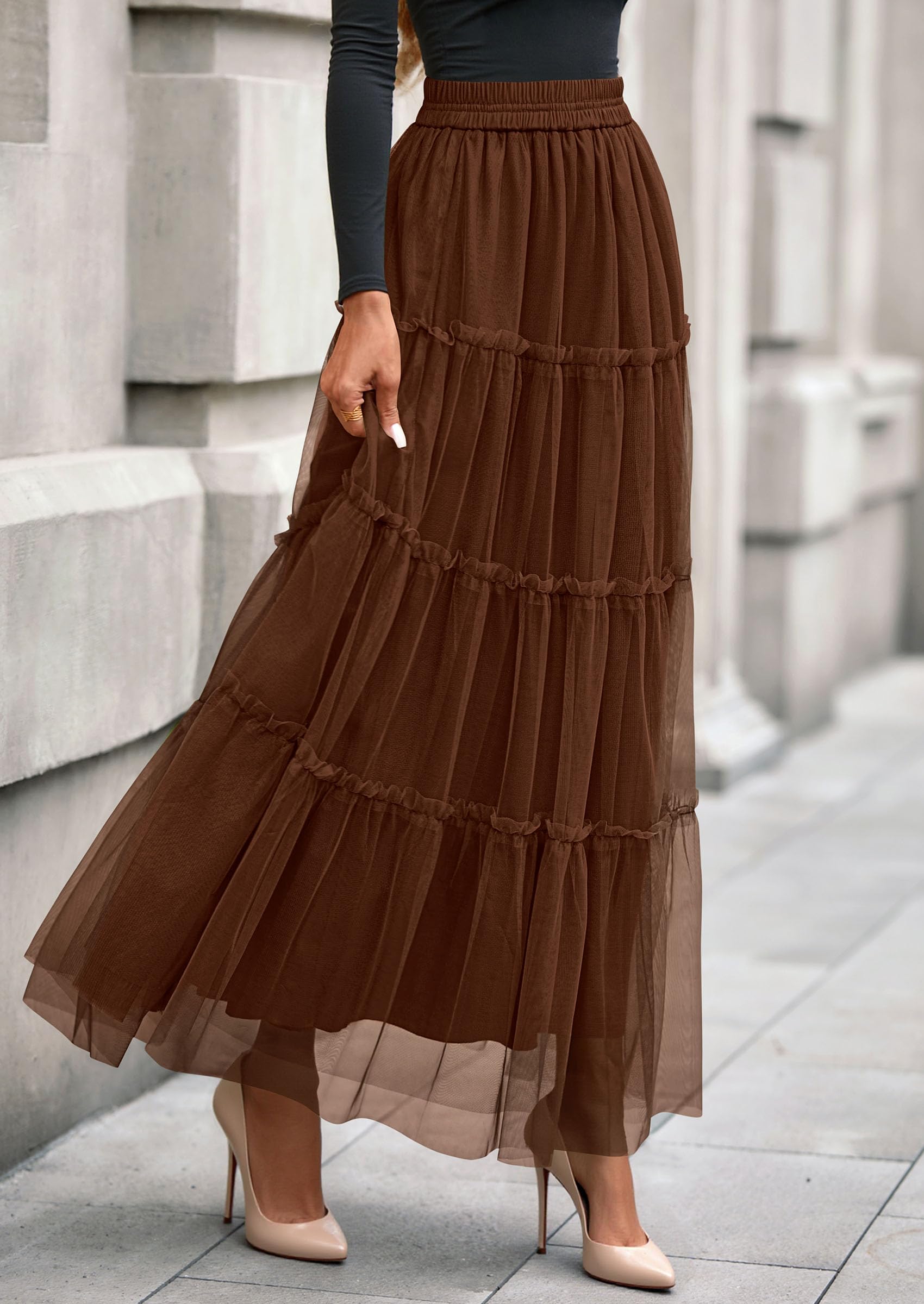 Women's Fall Soft Tulle Tiered Long Skirt,Brown,S