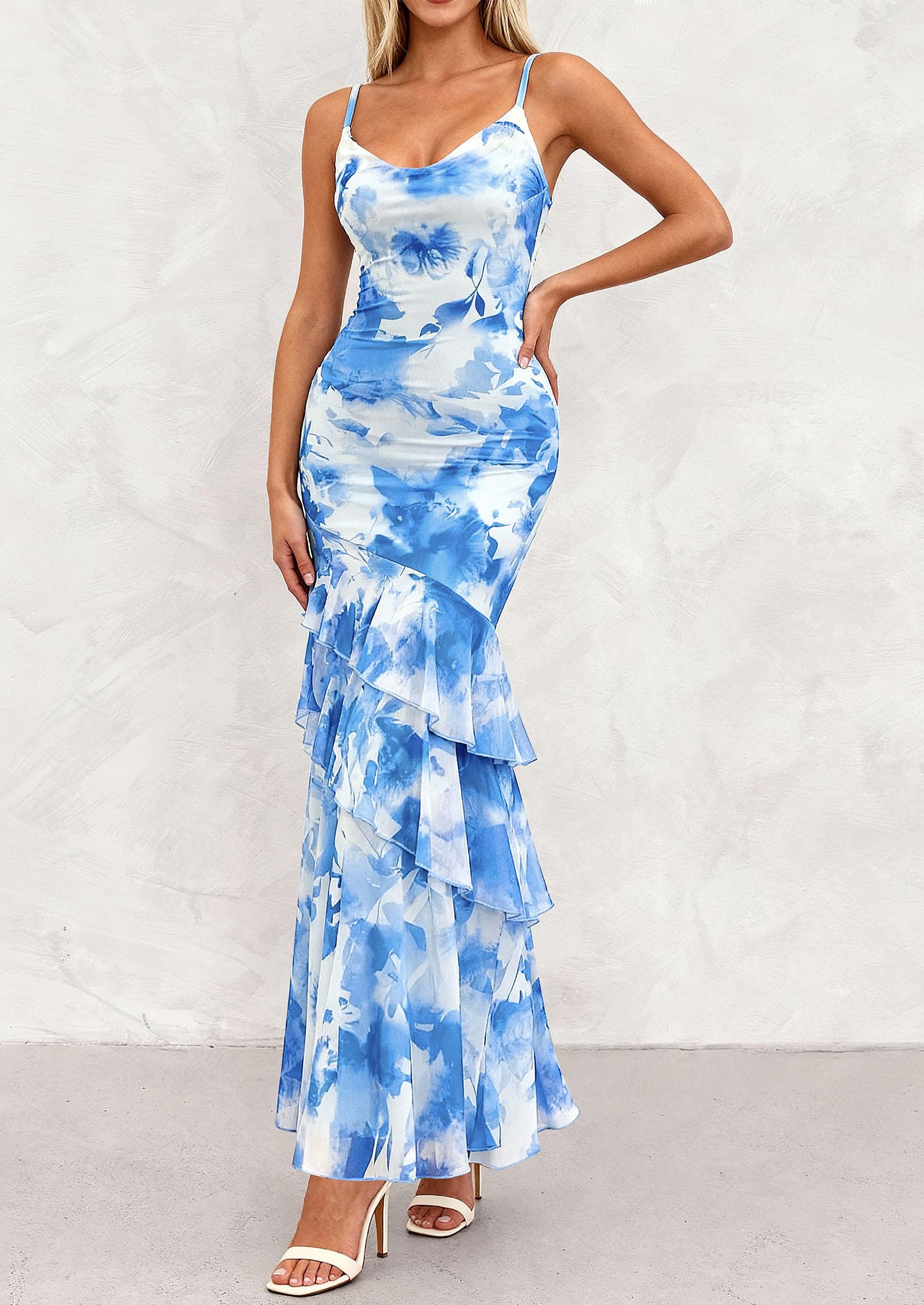Women's Boho Floral Tiered Maxi Dress, Blue,XS