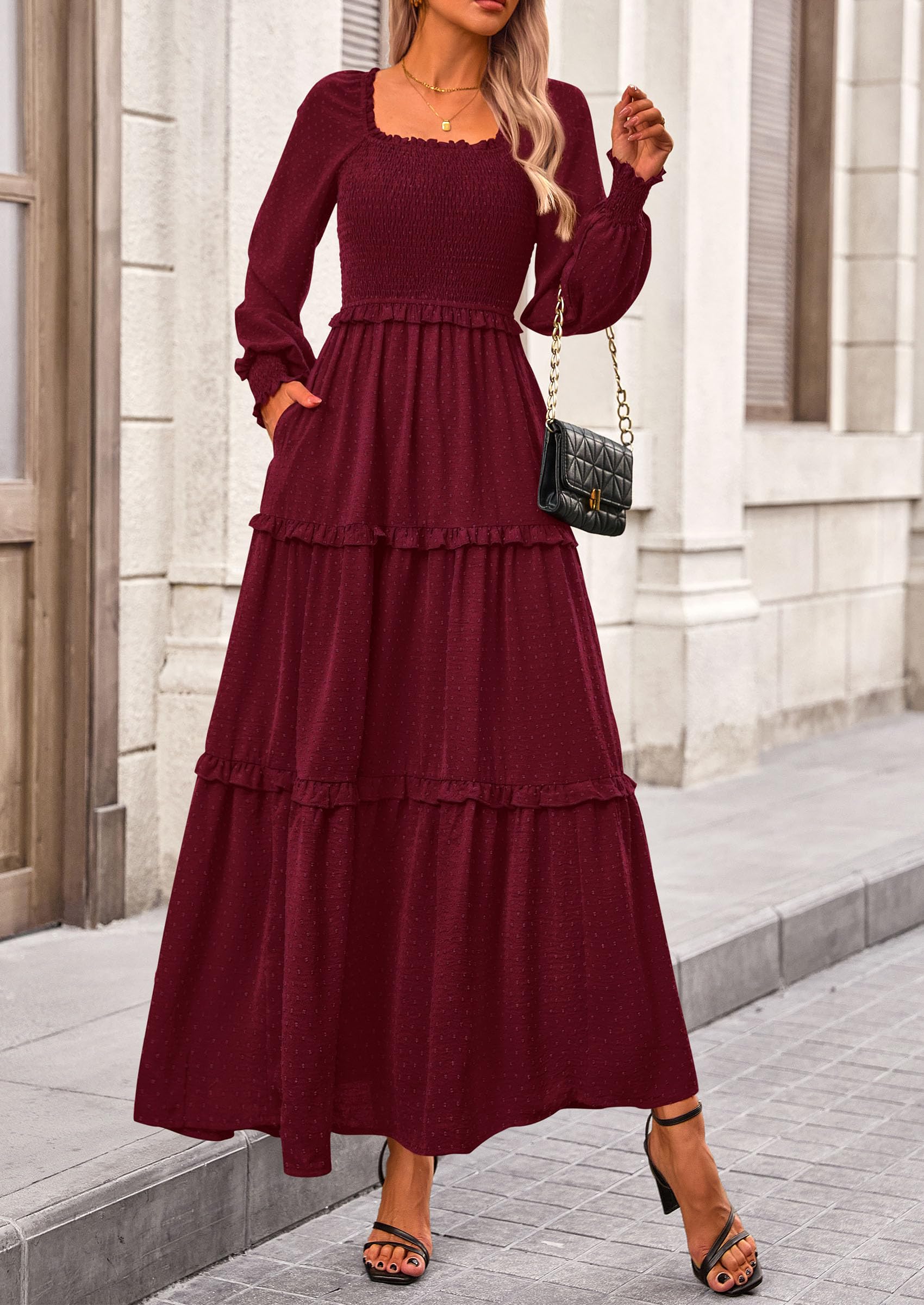 Women's Smocked Long Sleeve Maxi Dress Wedding Guest Dresses