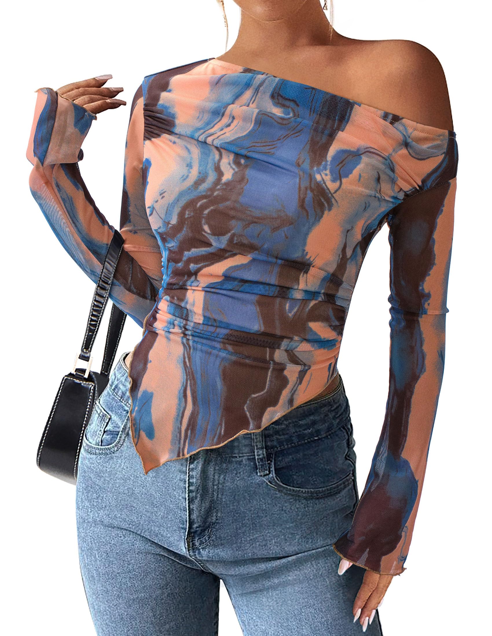 Womens Off Shoulder Mesh Y2k Tops,Blue Watercolour,XS