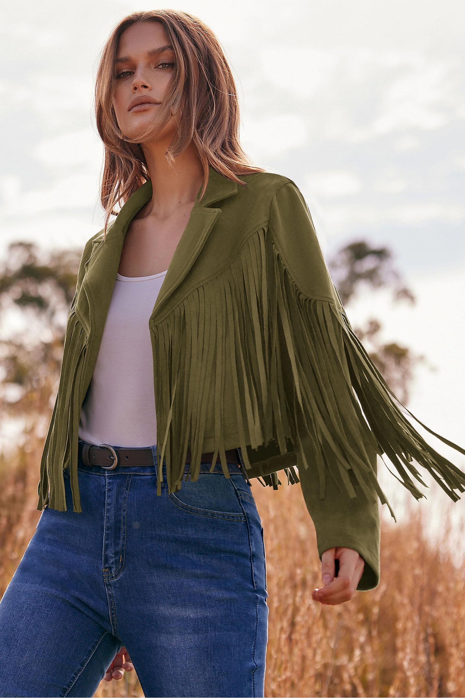 Women's Fringe Faux Suede Leather Jackets,Dark Army Green,S
