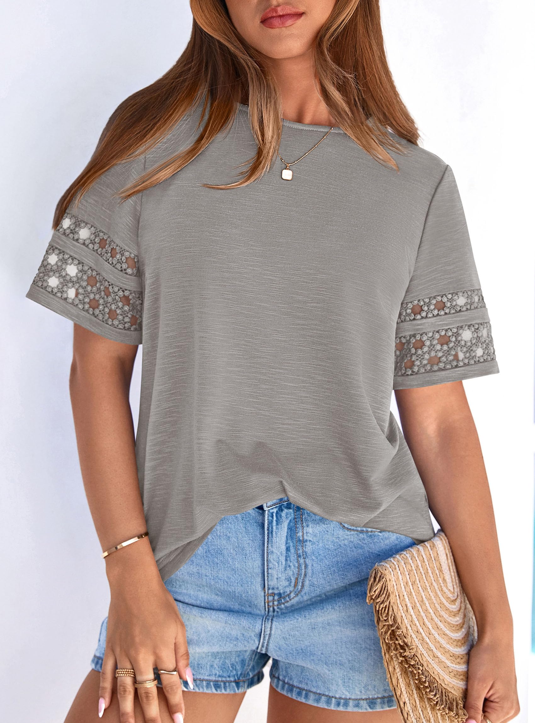 Women's Summer Short Sleeve Lace Trim T-Shirts,Grey,S