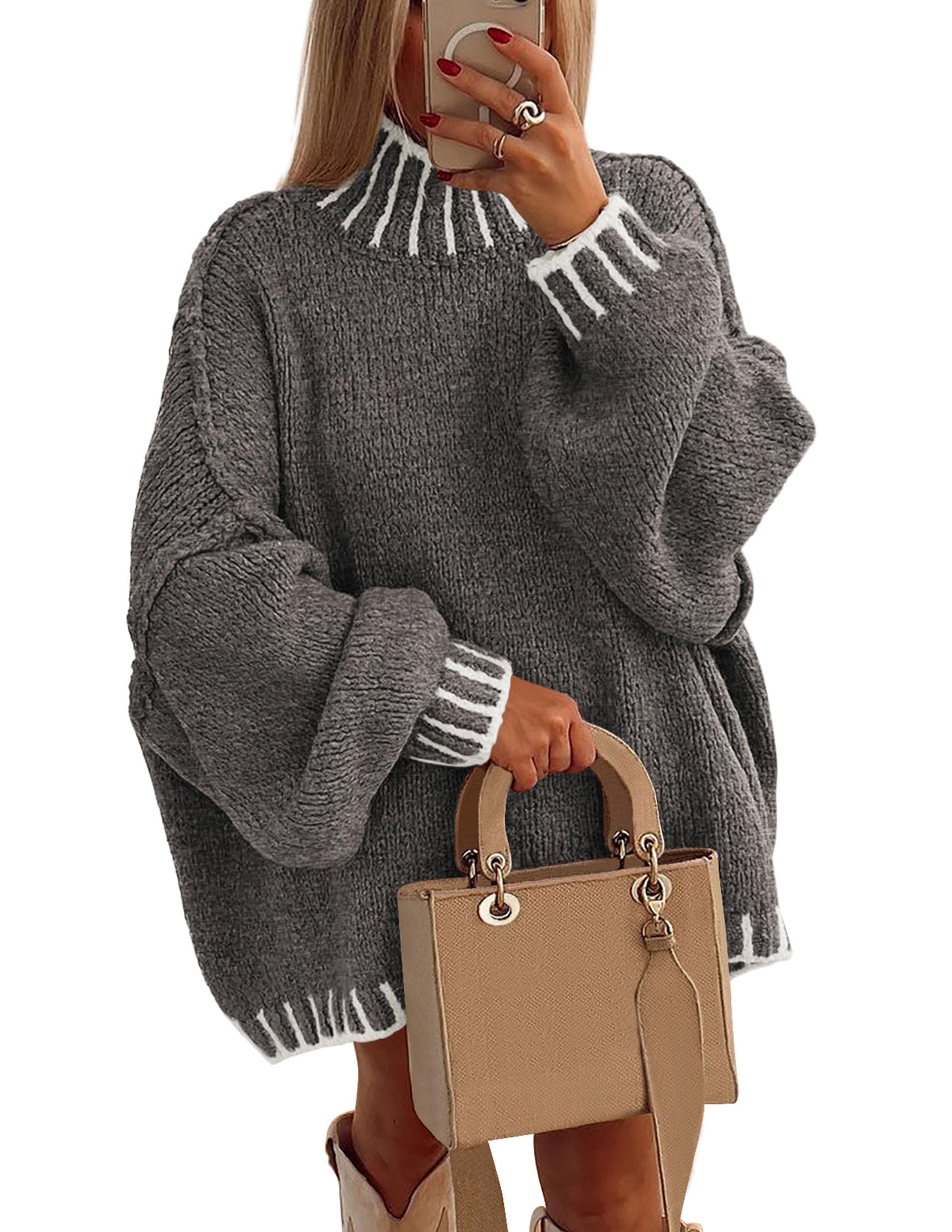 Women's Mock Neck Oversized Pullover Sweaters,Grey,XS