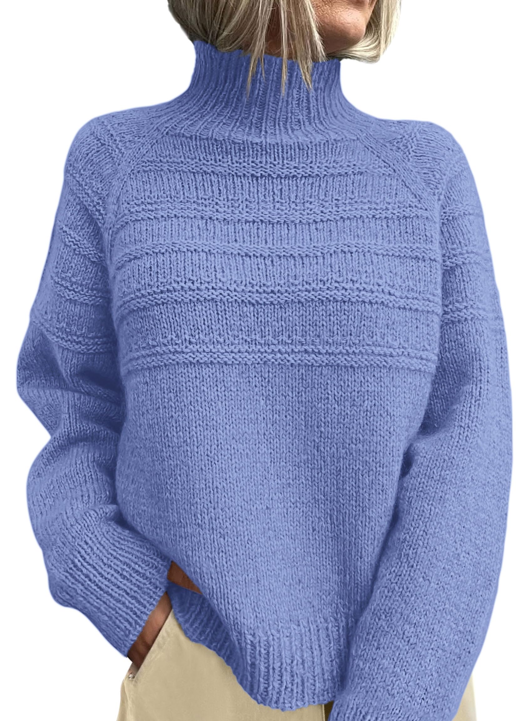Women's Chunky Knit Mock Neck Pullover Sweaters,Blue,S