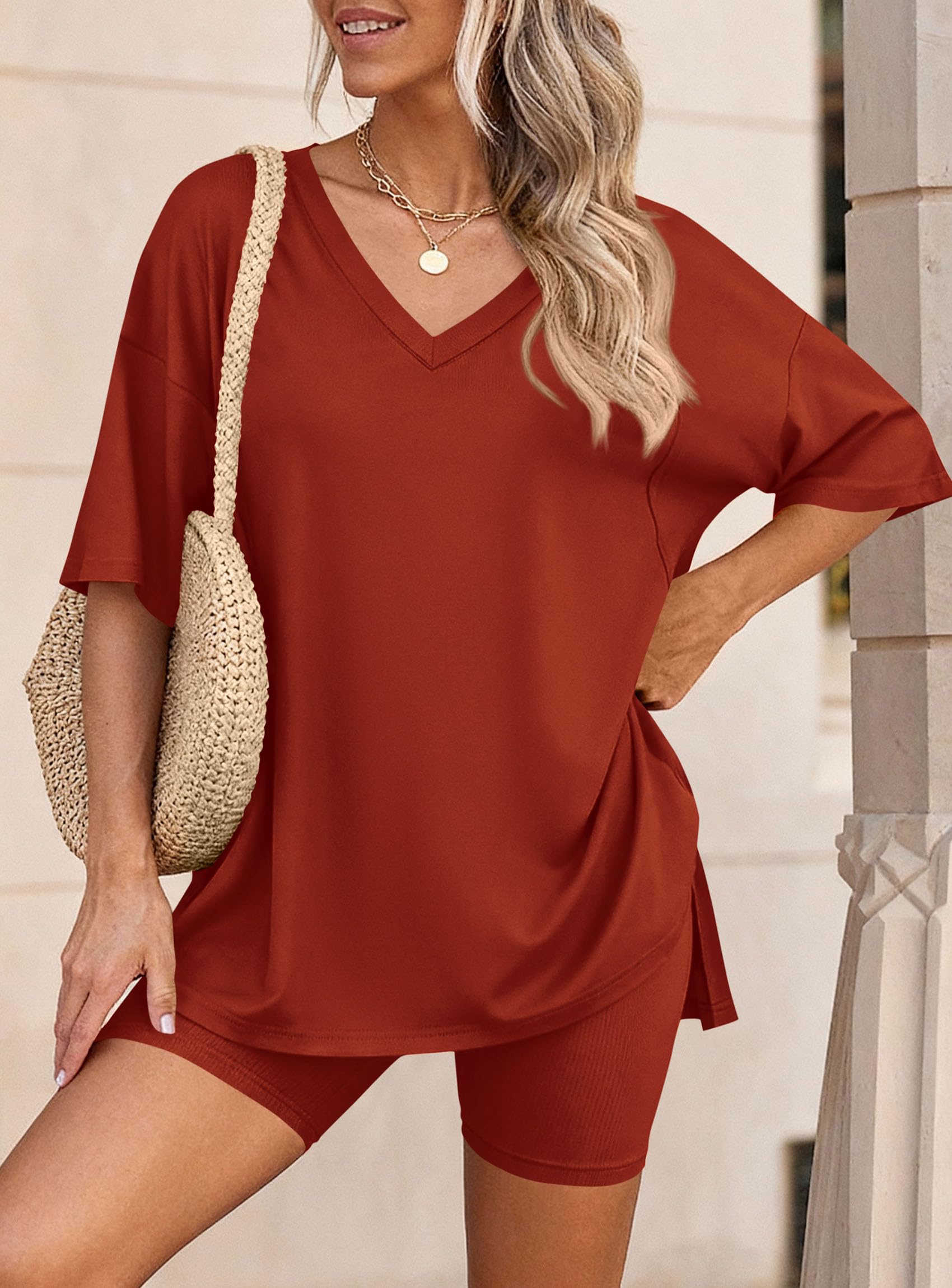 Womens 2 Piece Outfit Lounge Short Sets,Brick Red,S