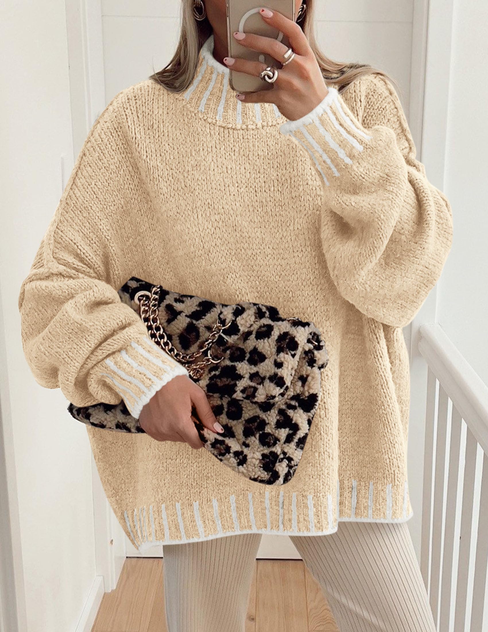Women's Mock Neck Oversized Pullover Sweaters,Apricot,XS