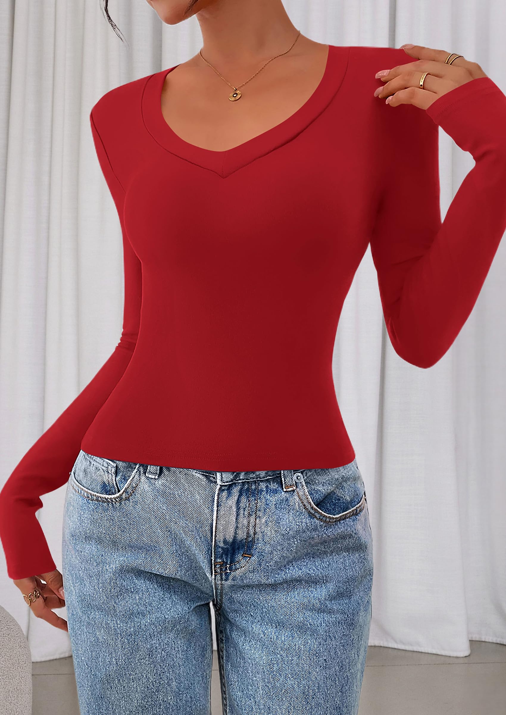 Womens Long Sleeve Slim Fit Crop Tops,Red,XS