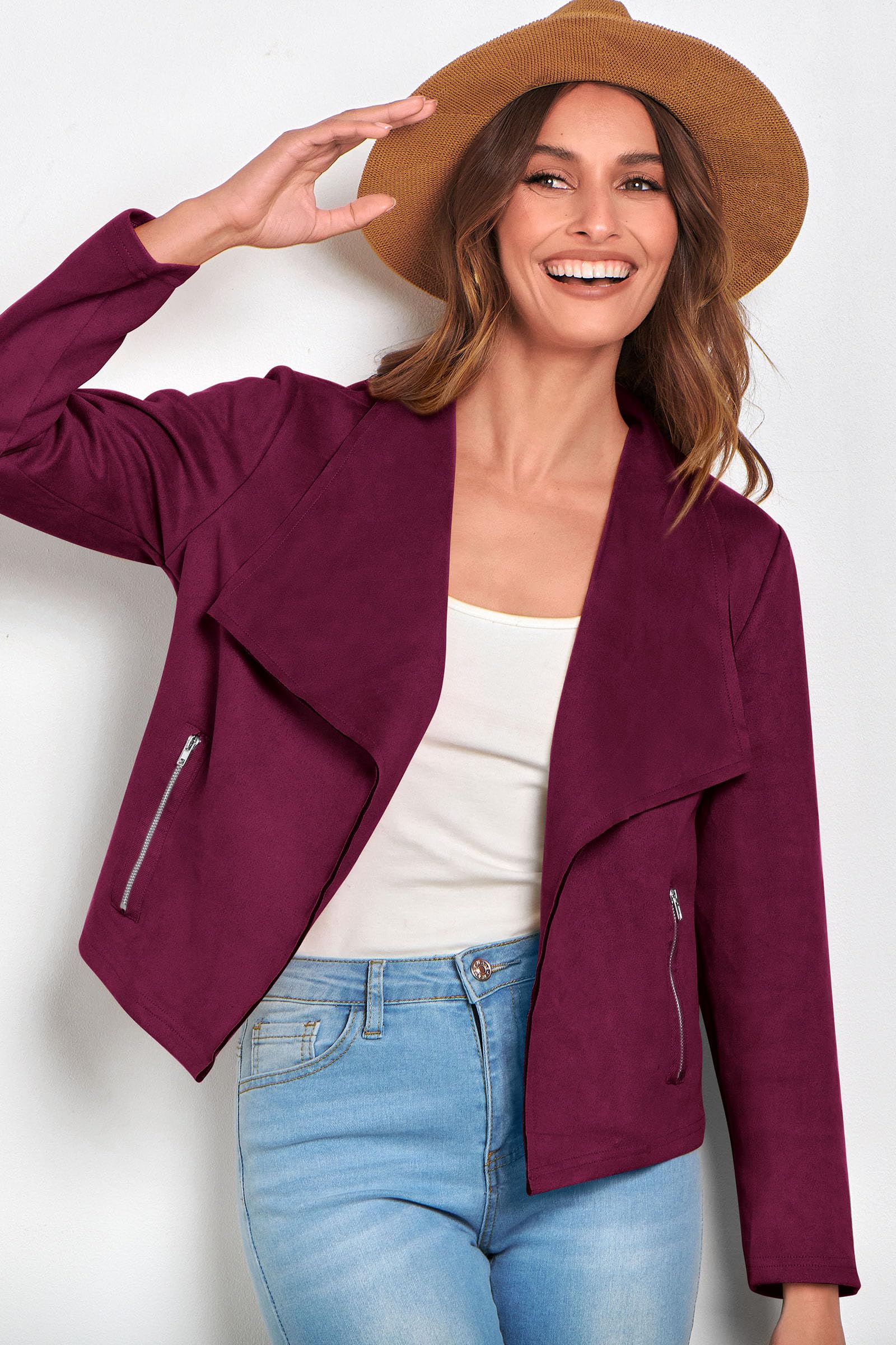 Women's Fall Fashion Faux Suede Jackets(Purple Red,Small)