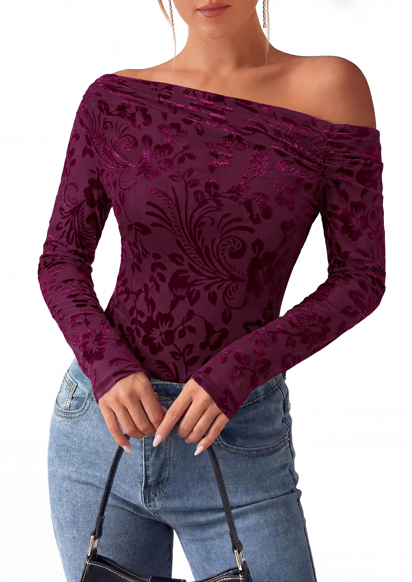 Off the Shoulder Tops for Women Fall Mesh Floral Blouses