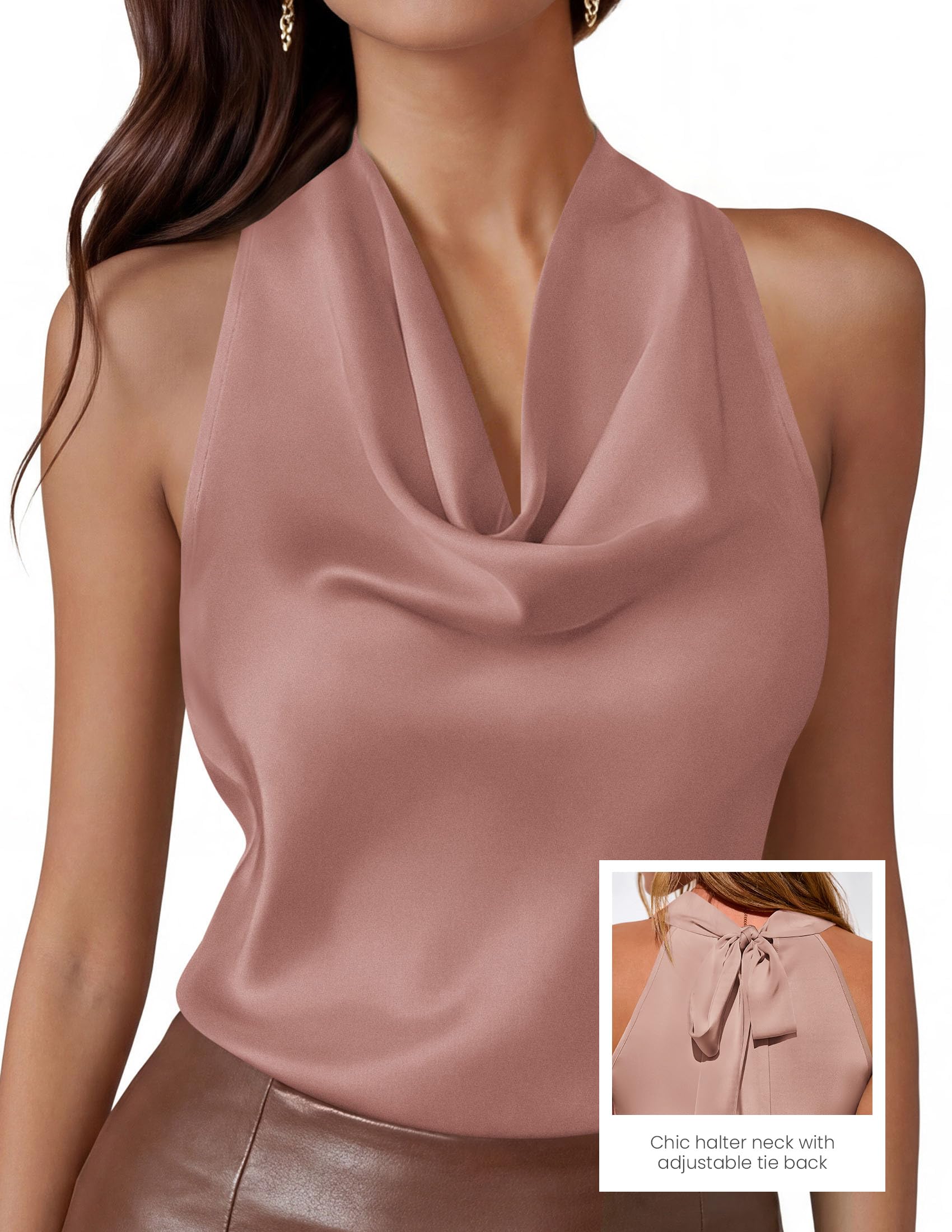Satin Halter Tops for Women Dressy Casual Pink,XS