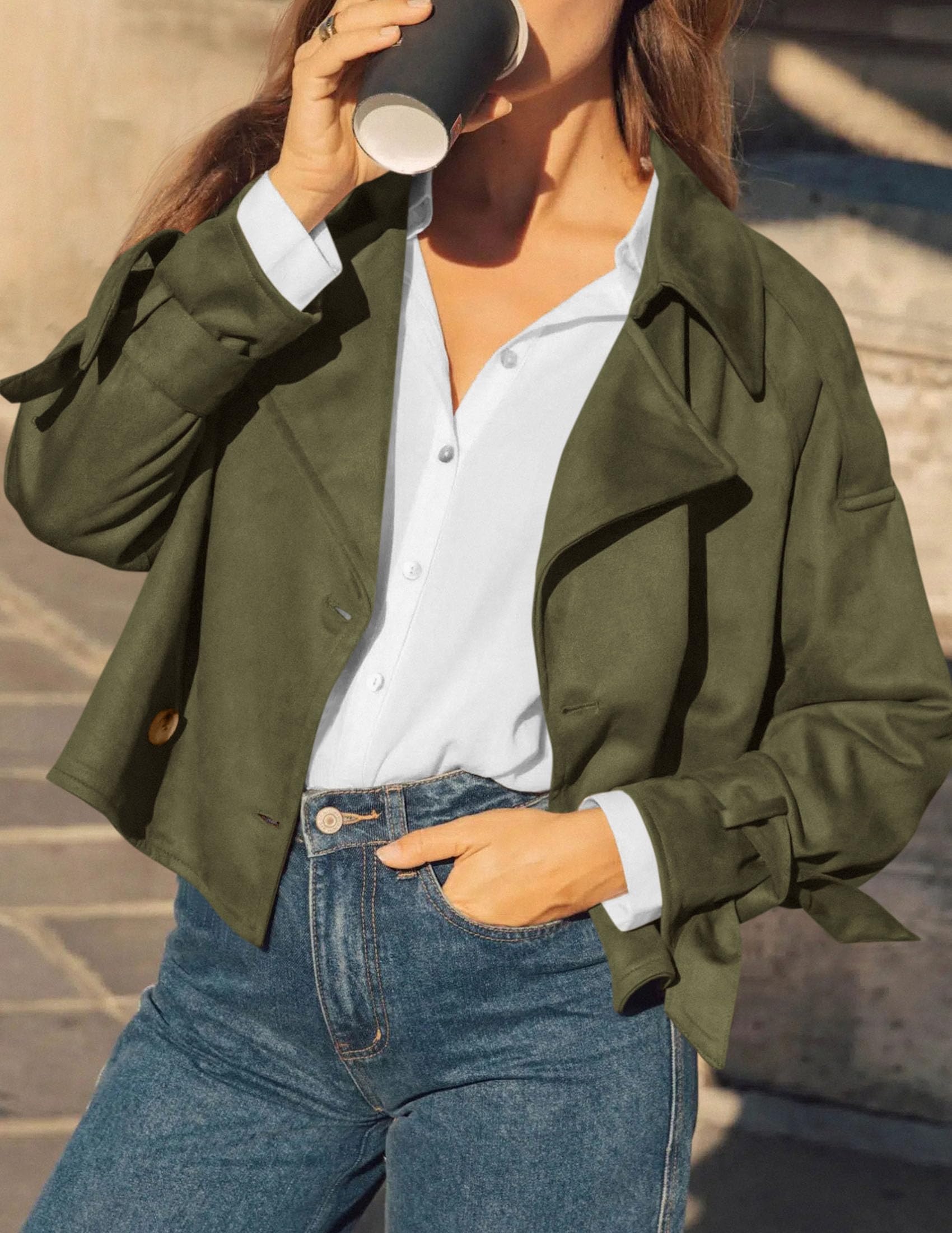 Women Faux Suede Double Breasted Trench Coat Cropped Jackets
