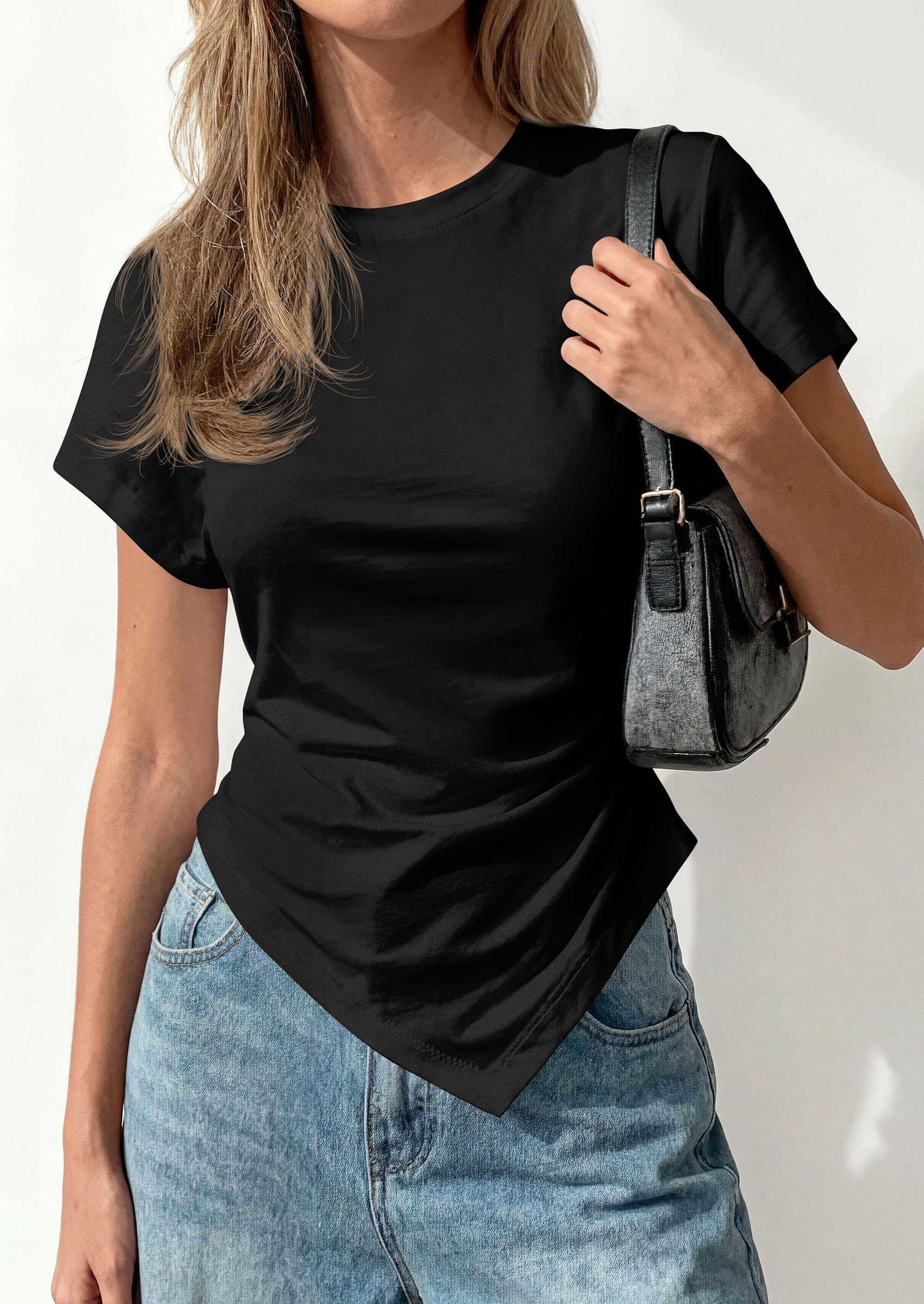 Womens Asymmetrical Summer Short Sleeve Tops,Black,XS