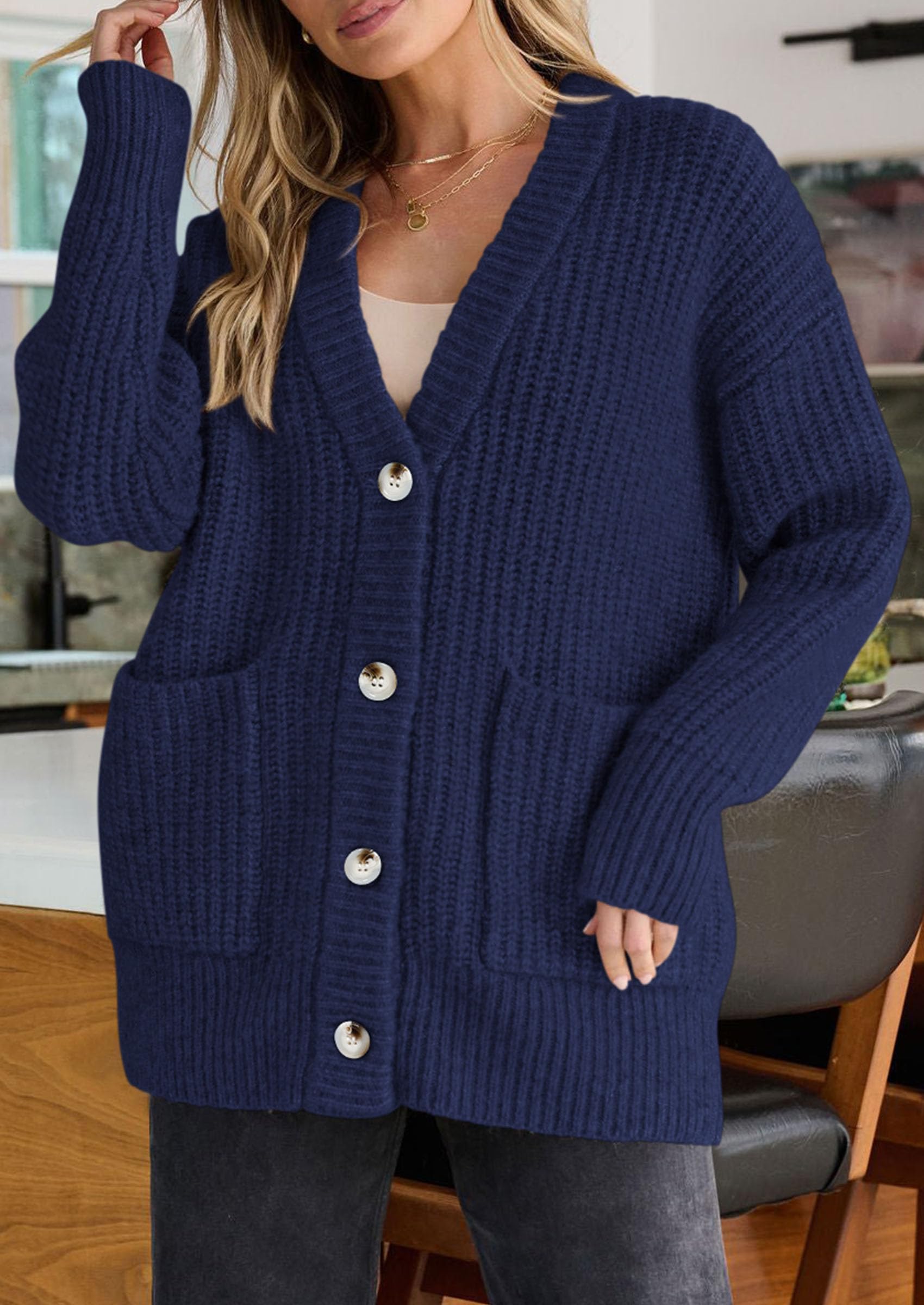 Oversized Cardigan Sweaters for Women Button Up,Navy Blue,S