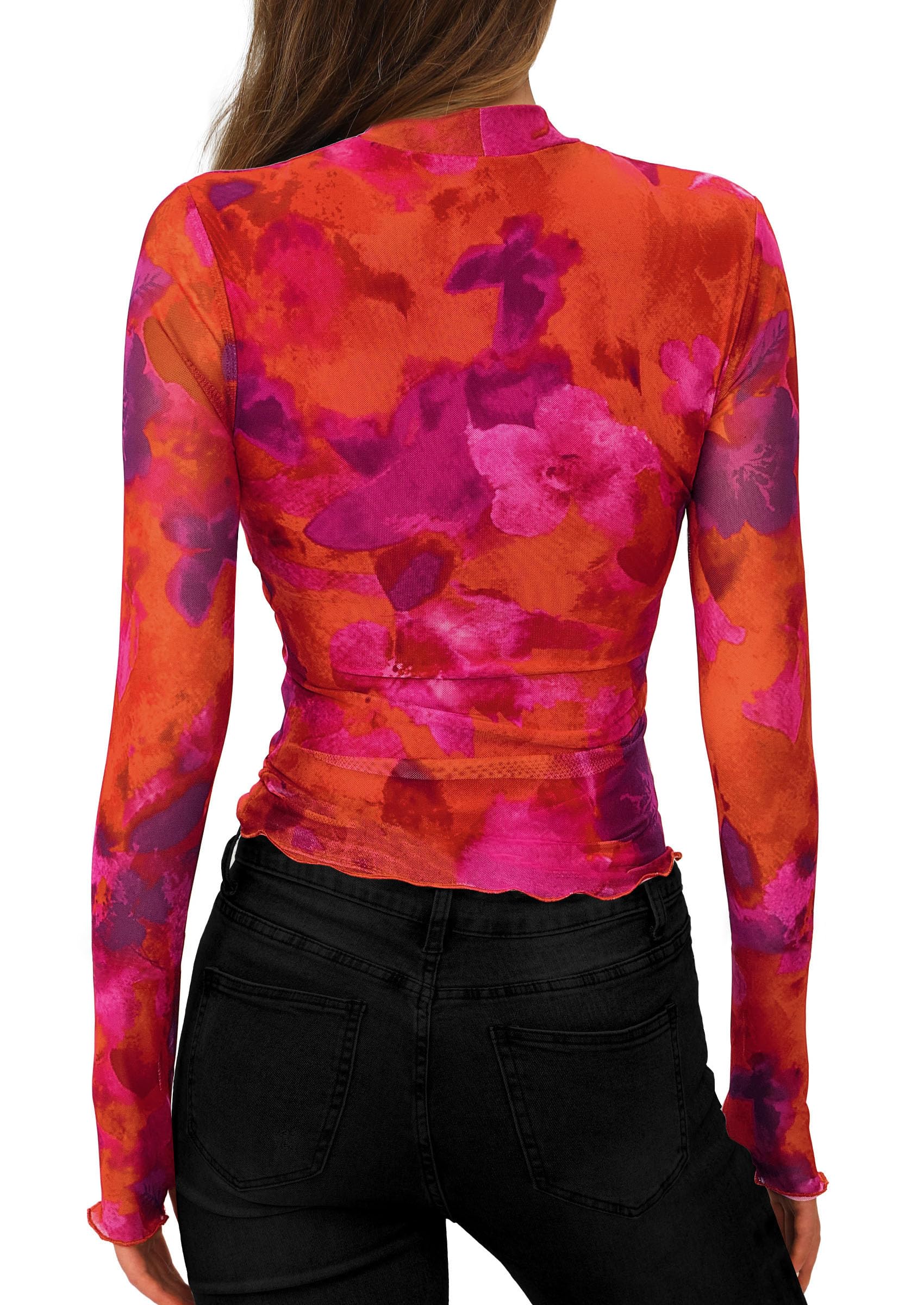 Womens Floral Mesh Long Sleeve Tops Fall Slim Fitted Shirts