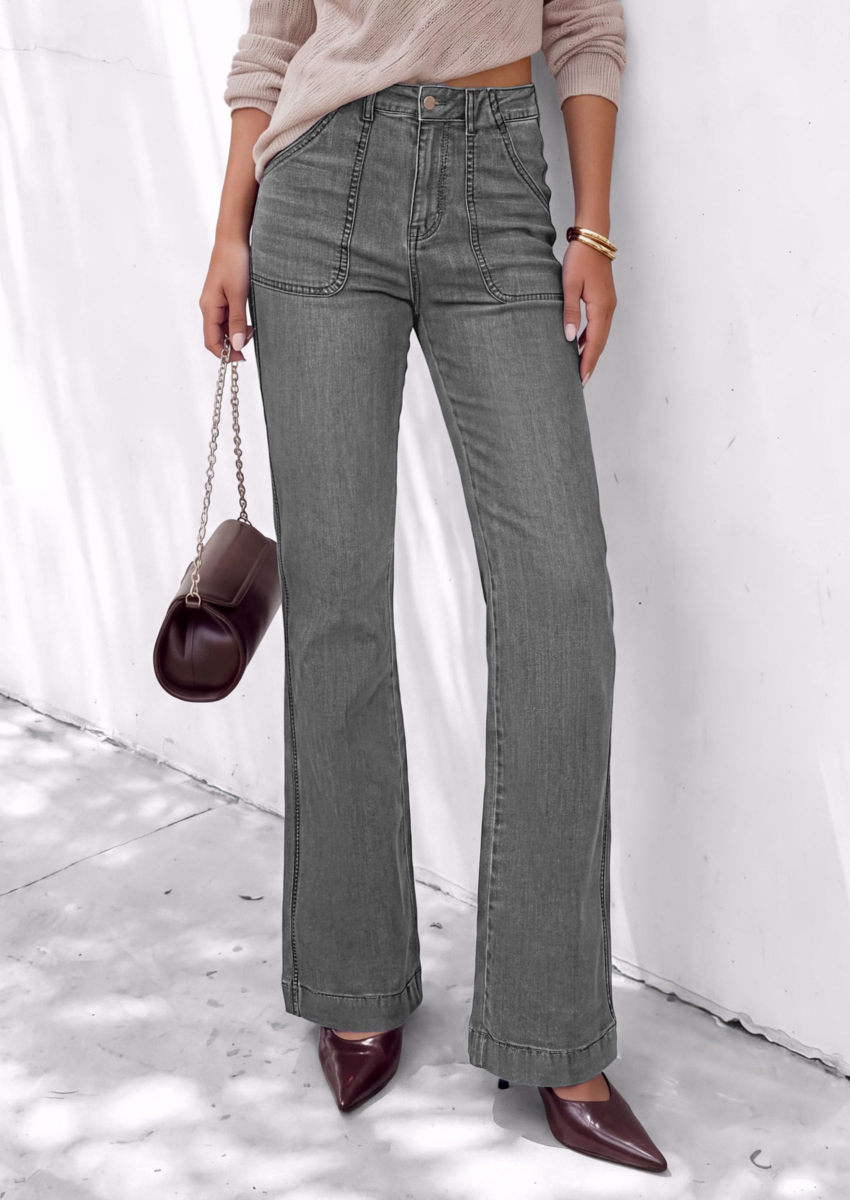 Womens High Waisted Wide Leg Jeans Demin Pants Grey