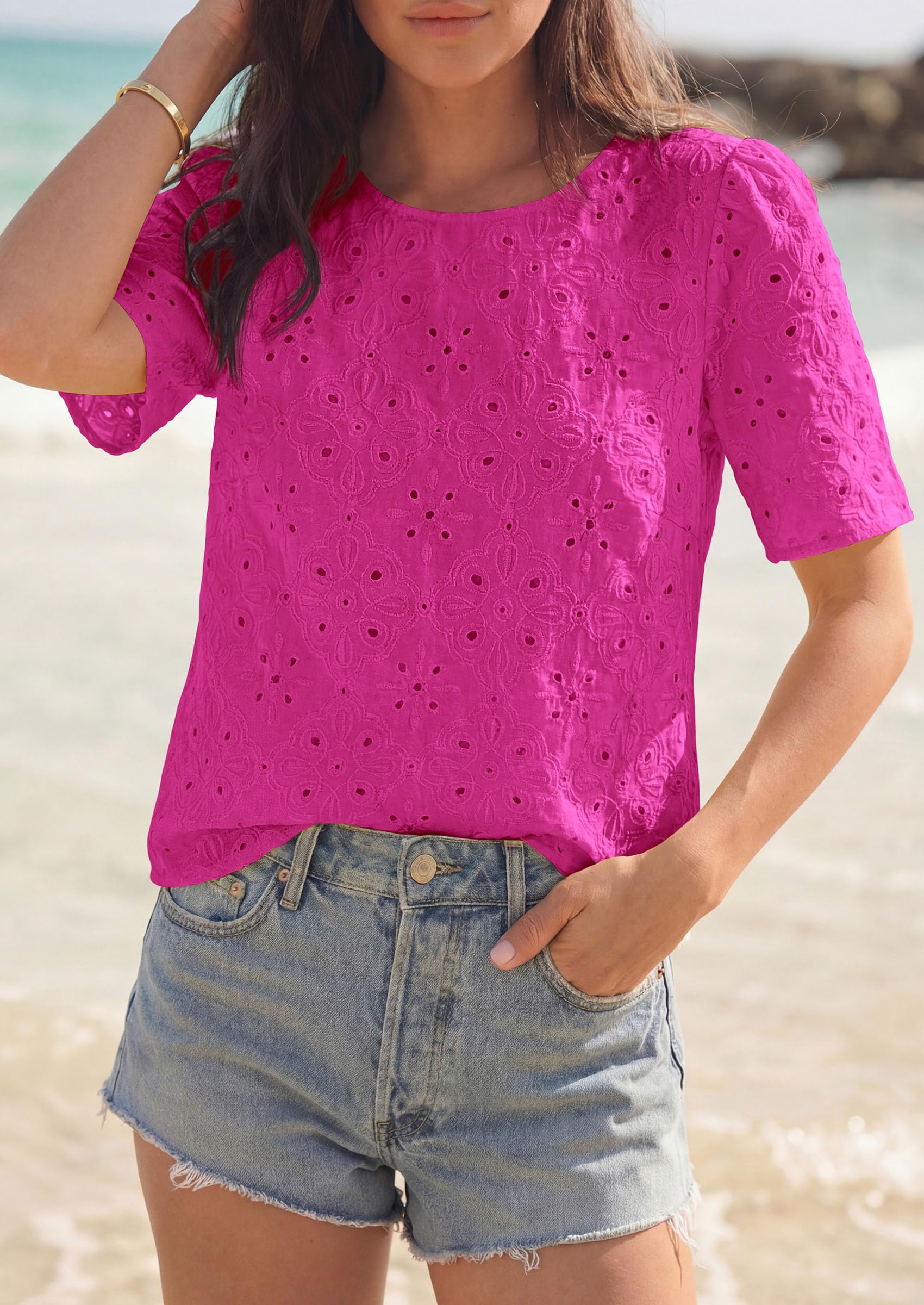Women's Embroidered Eyelet Short Sleeve Blouse, Hot Pink,XS