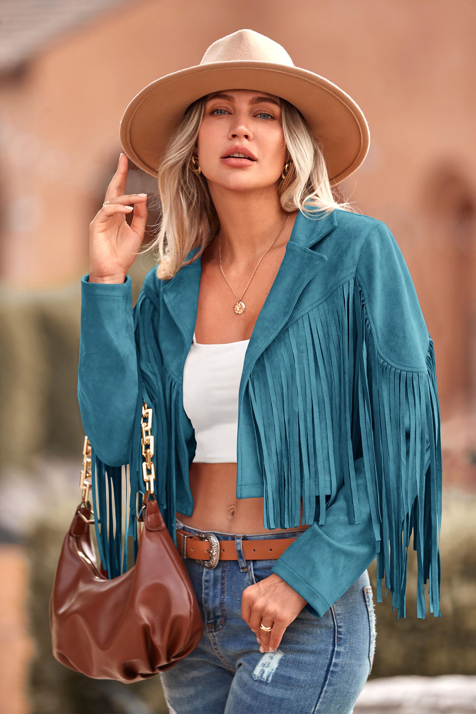 Women's Fringe Faux Suede Leather Jackets,Lake Blue,S
