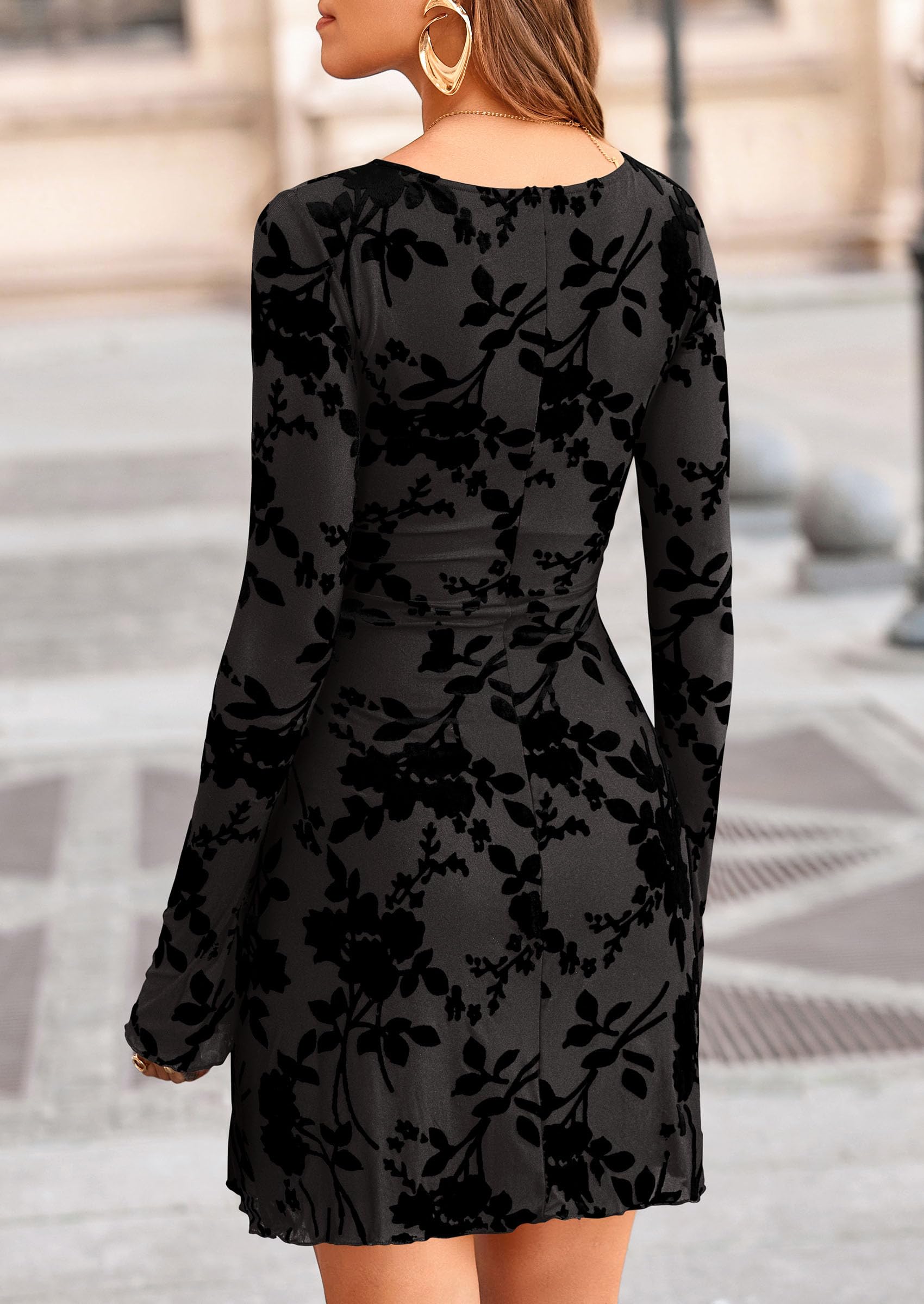 Women's Fall Floral Long Sleeve Mini Dress (Black,XS)