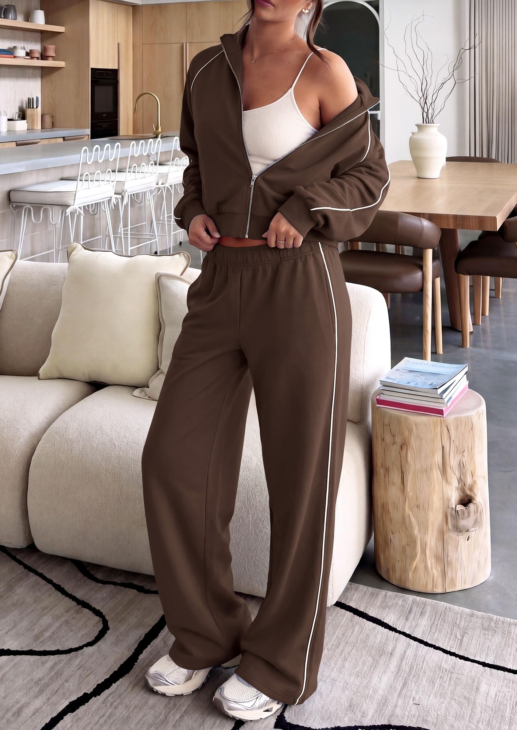 Women's 2 Piece Sweat Set Casual Fall Outfits,Brown,S