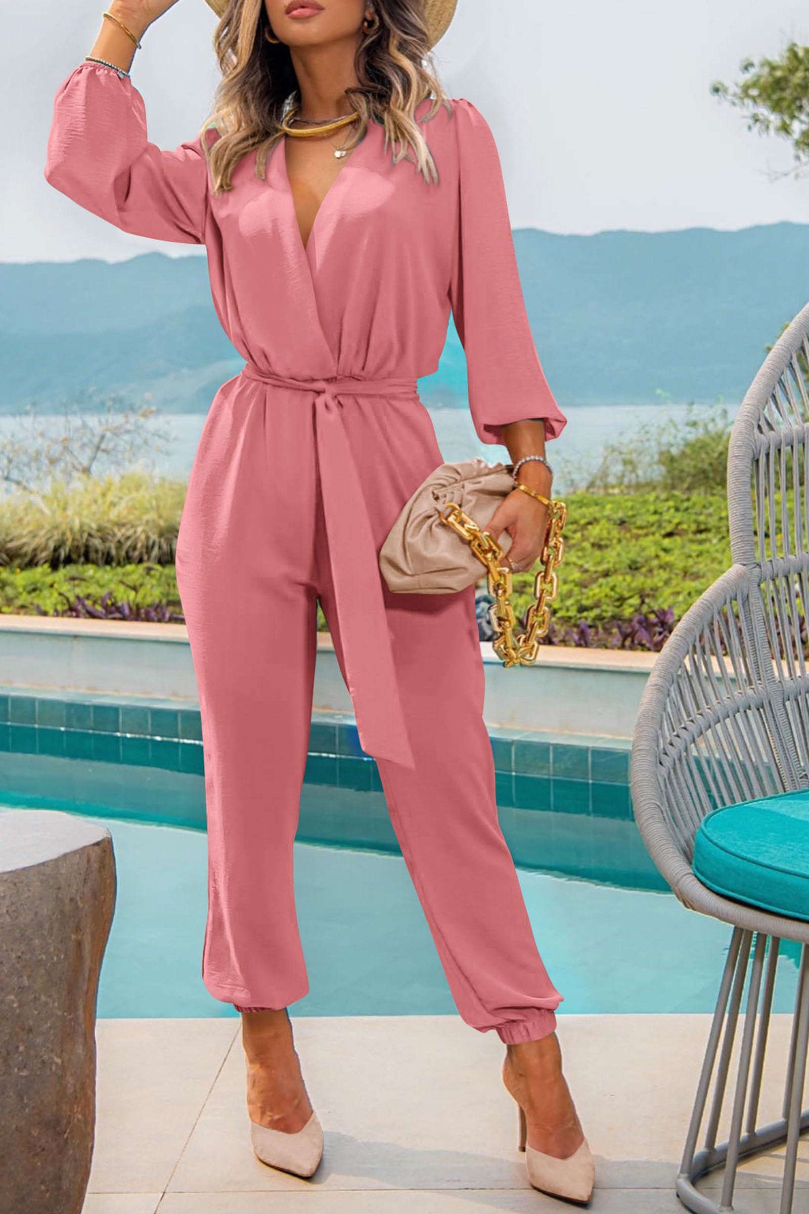 Long Sleeve Jumpsuits for Women Dressy Casual, Pink,S