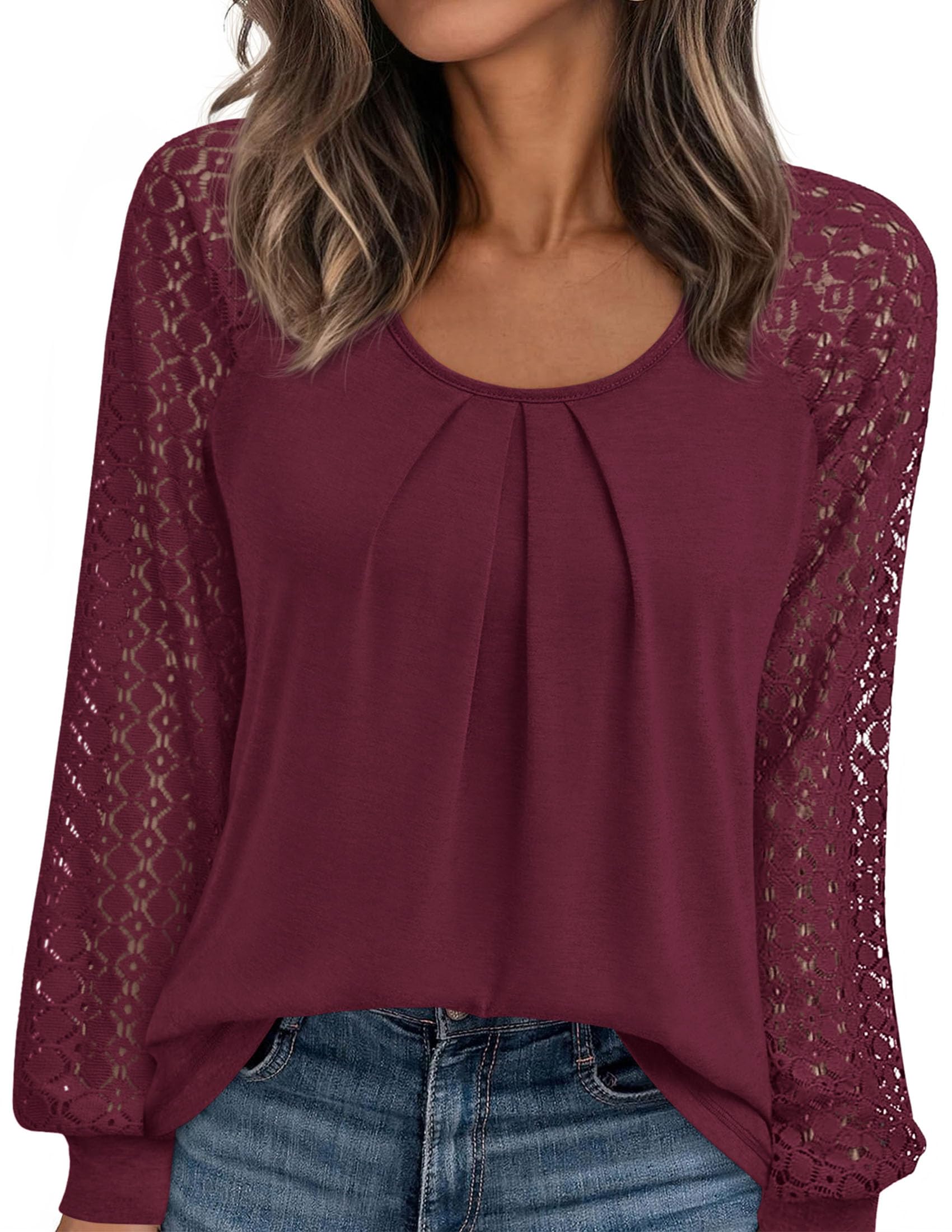 Women's Long Sleeve Shirts Fall Lace Tops,Burgundy,S