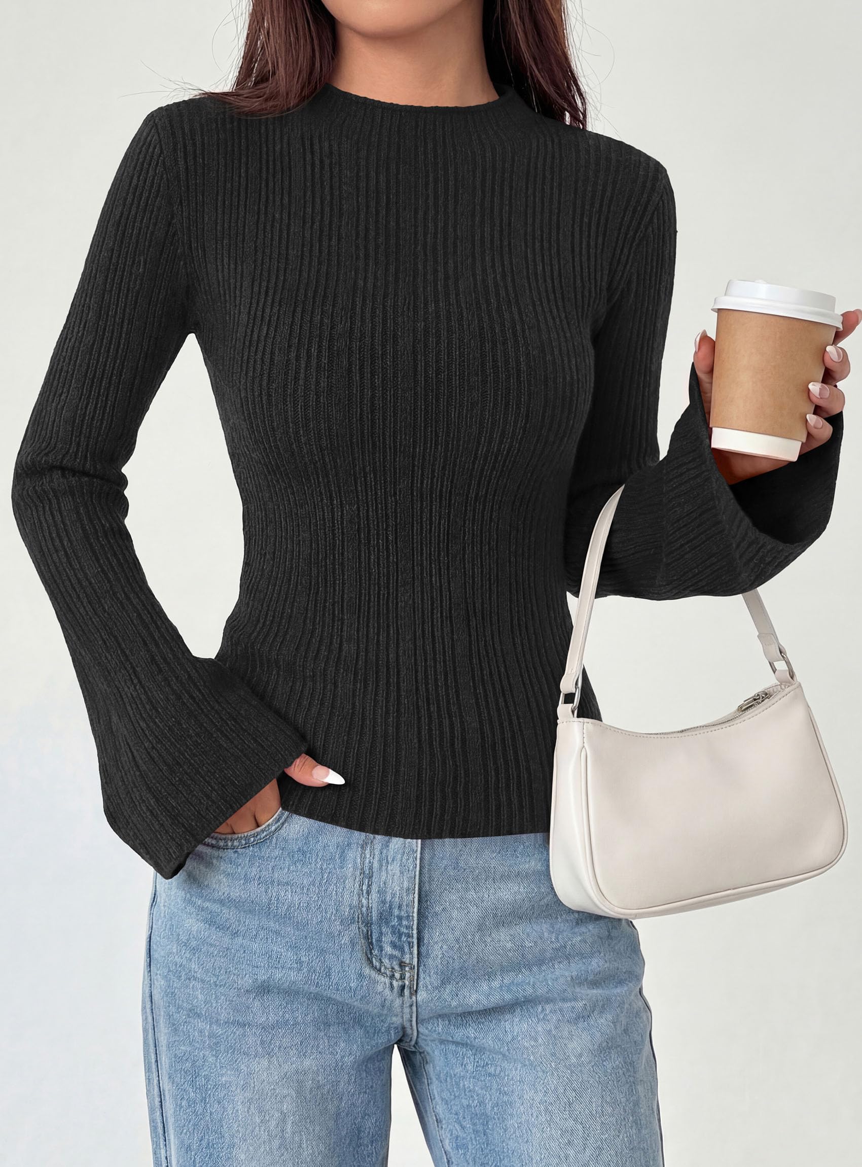Womens Bell Long Sleeve Tops Mock Neck Sweaters,Black,S