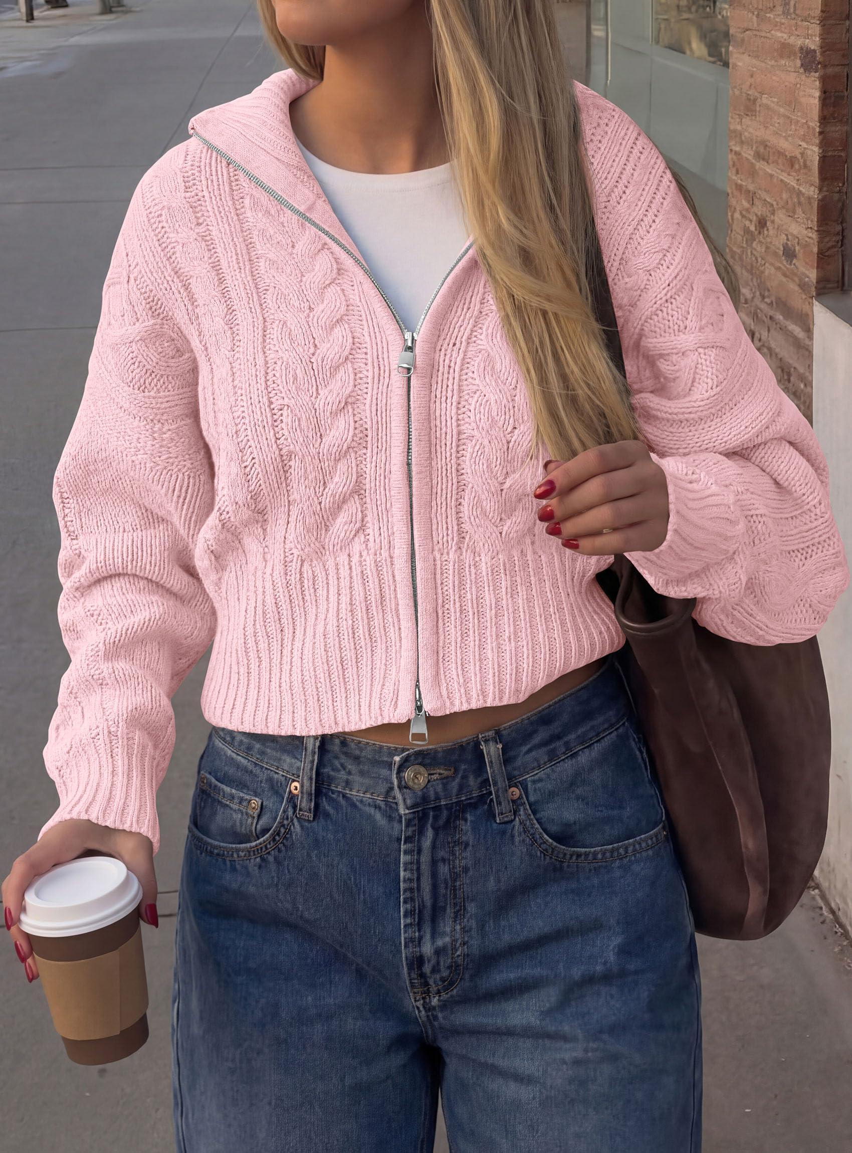 Women's Zip Up Cardigan Sweaters Cropped Jackets Fall Outfits