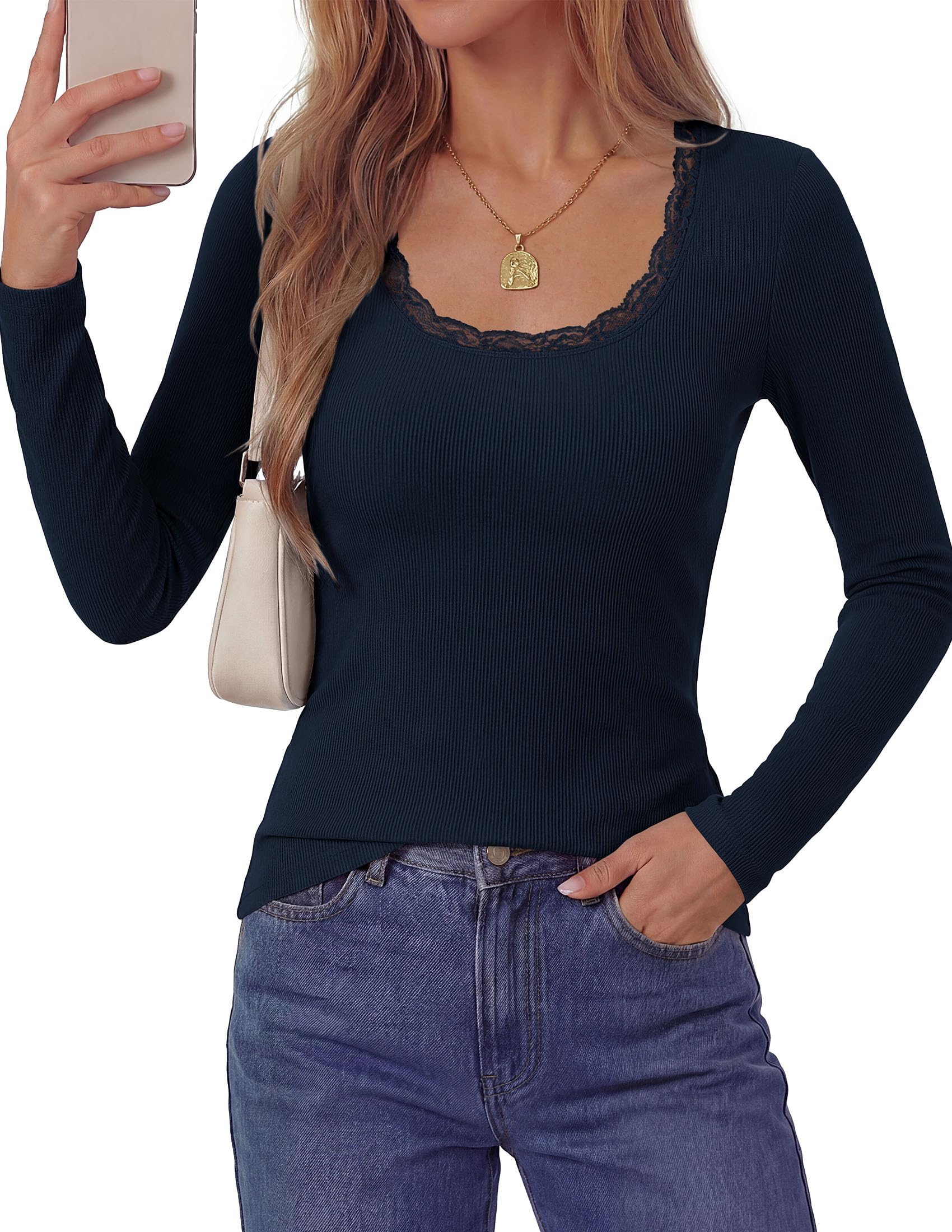 Long Sleeve T Shirts for Women Fall Casual Square Neck Tops