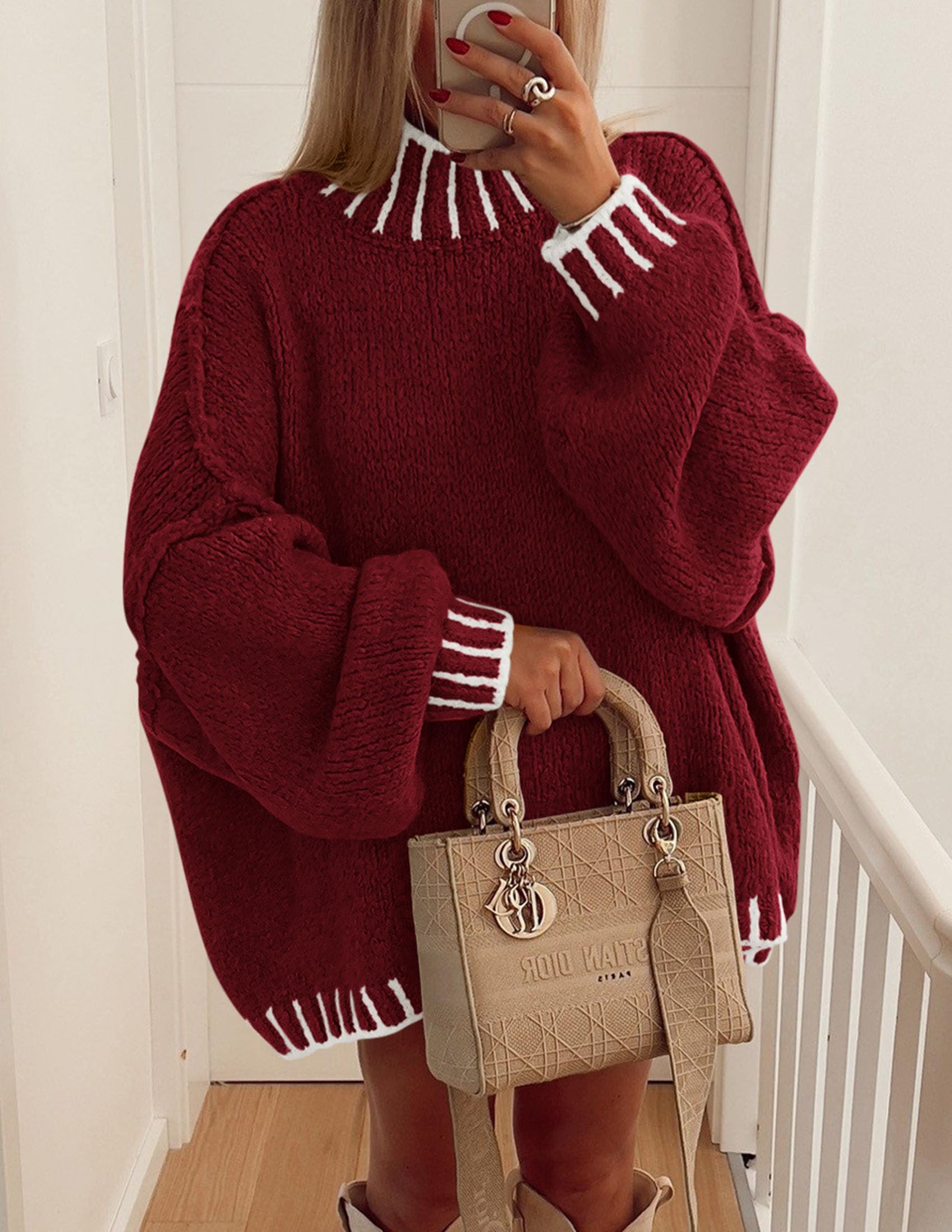 Women's Mock Neck Oversized Pullover Sweaters,Wine Red,XS