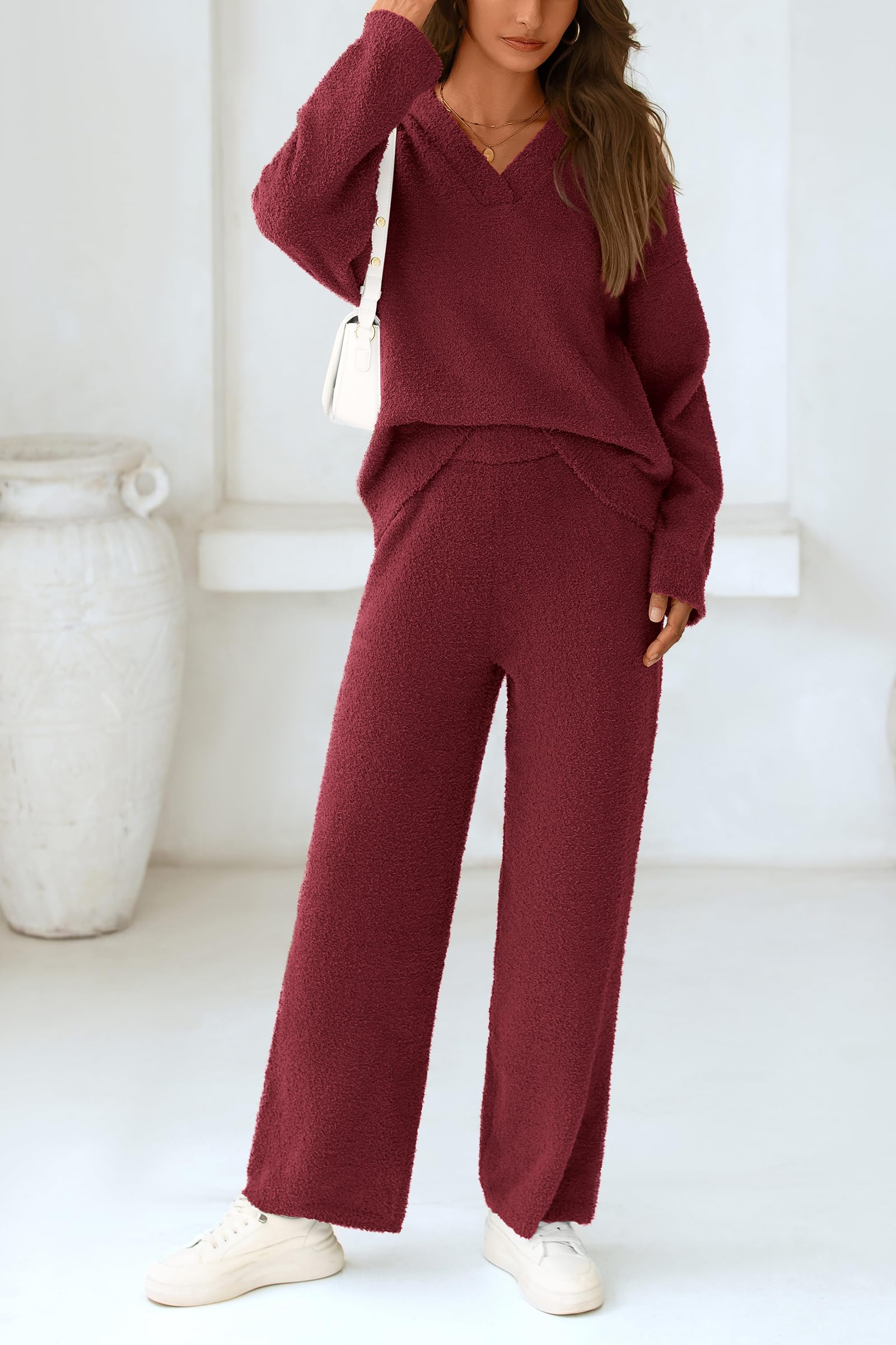 Lounge Sets for Women Fall 2 Piece Fuzzy Sweater Pajama Set
