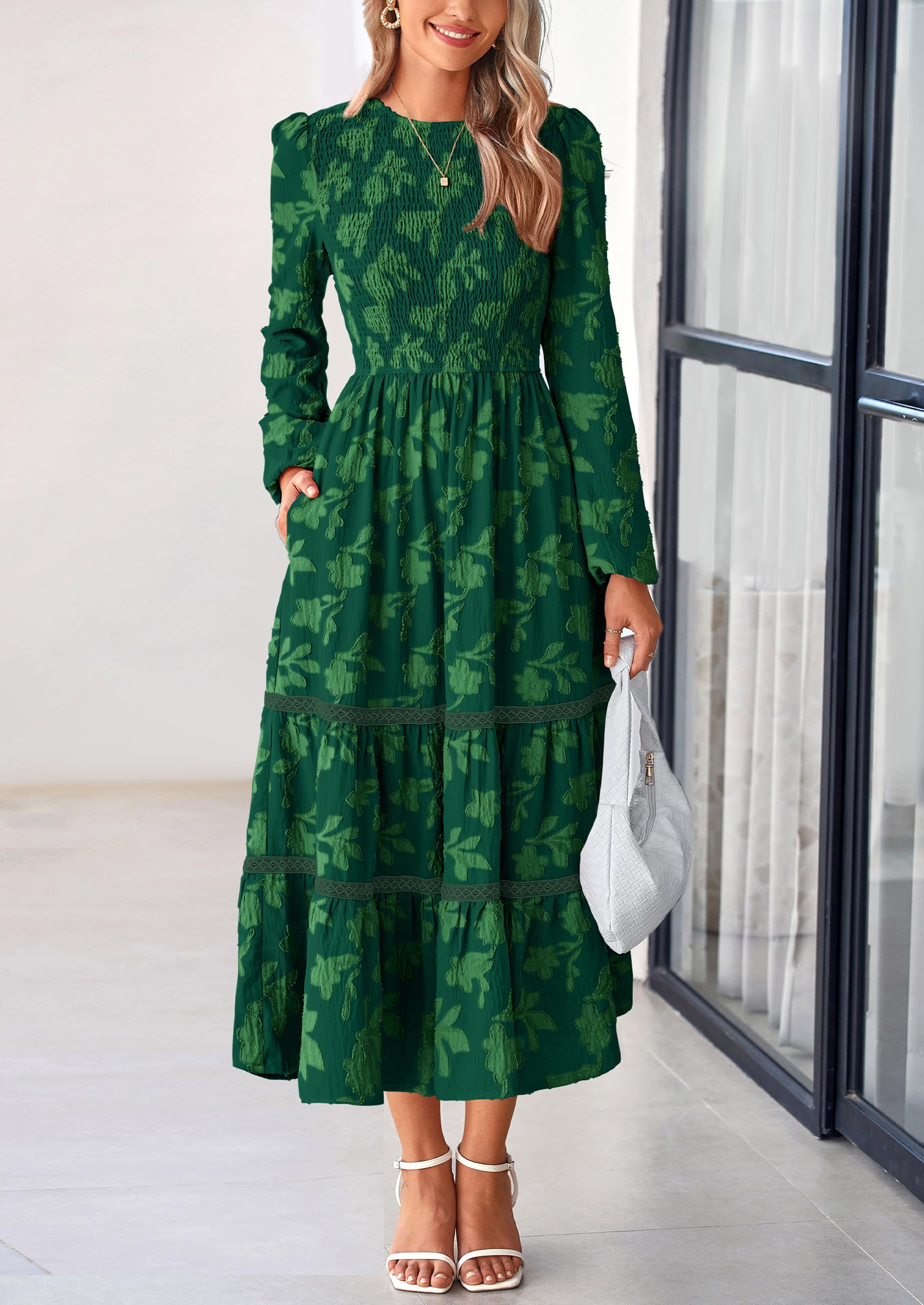 Women's Long Sleeve Boho Floral Midi Dress, Dark Green,S
