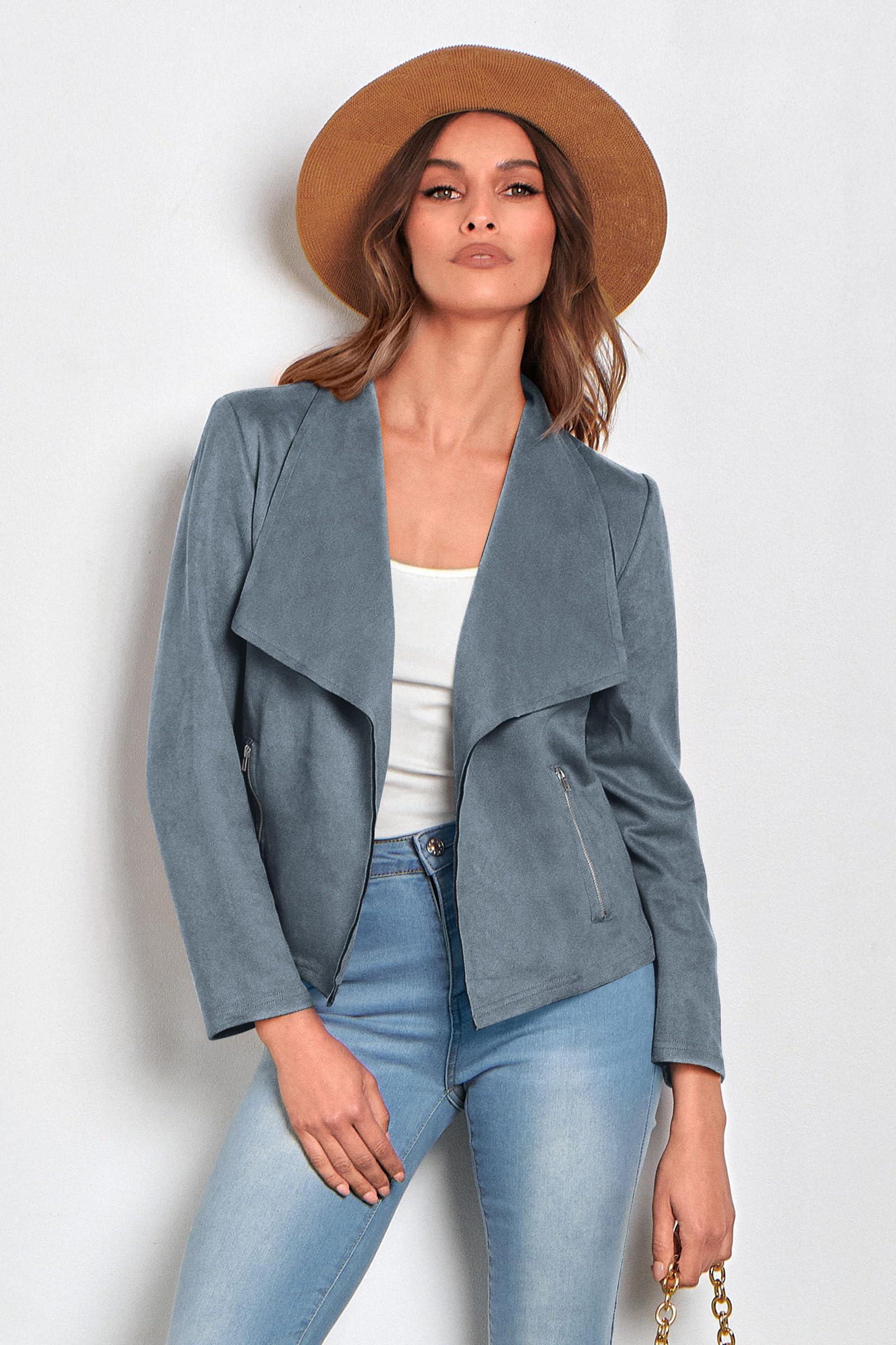 Women's Fall Fashion Faux Suede Jackets(Grey Blue,Small)