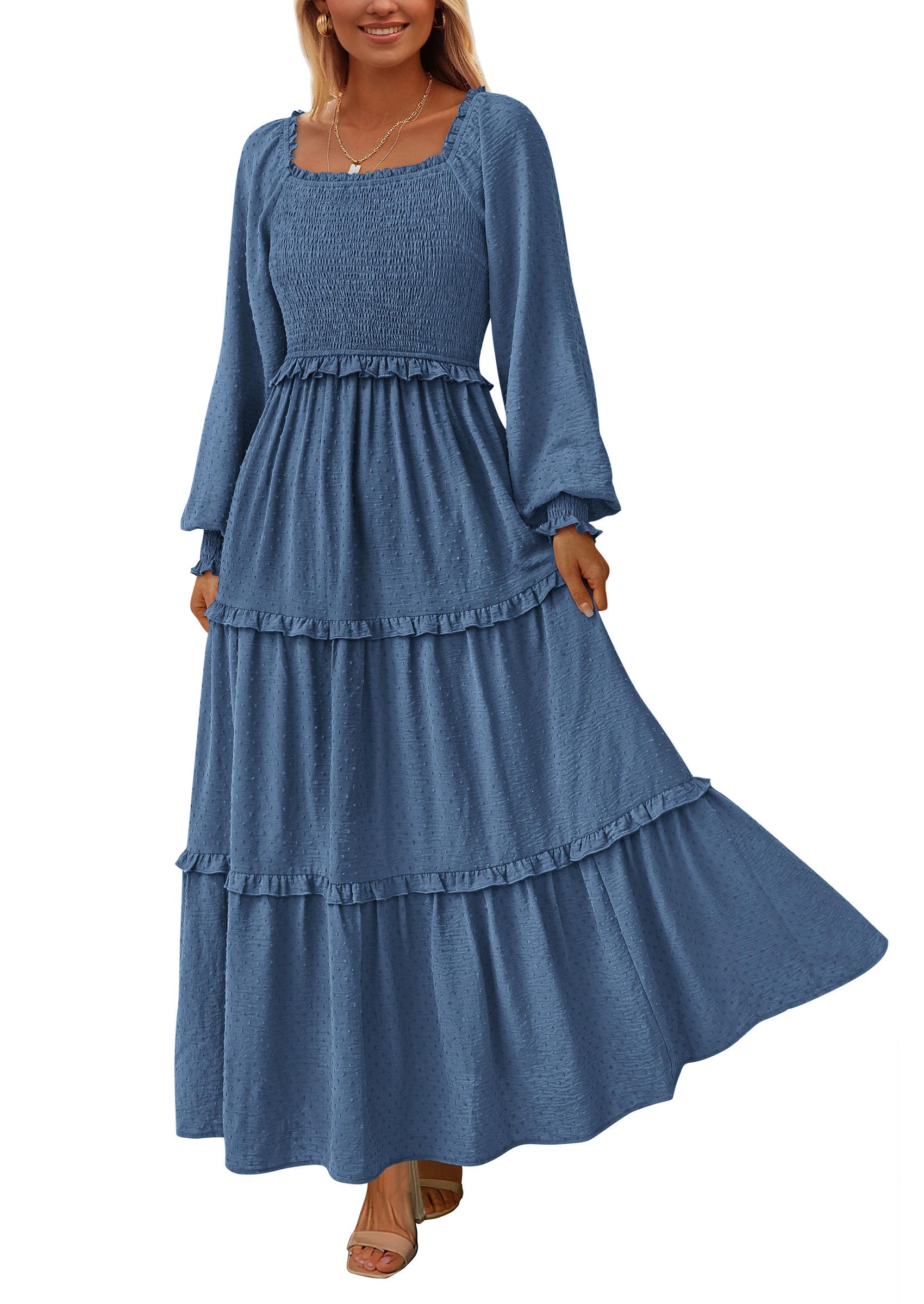 Women's Smocked Long Sleeve Maxi Dress Wedding Guest Dresses