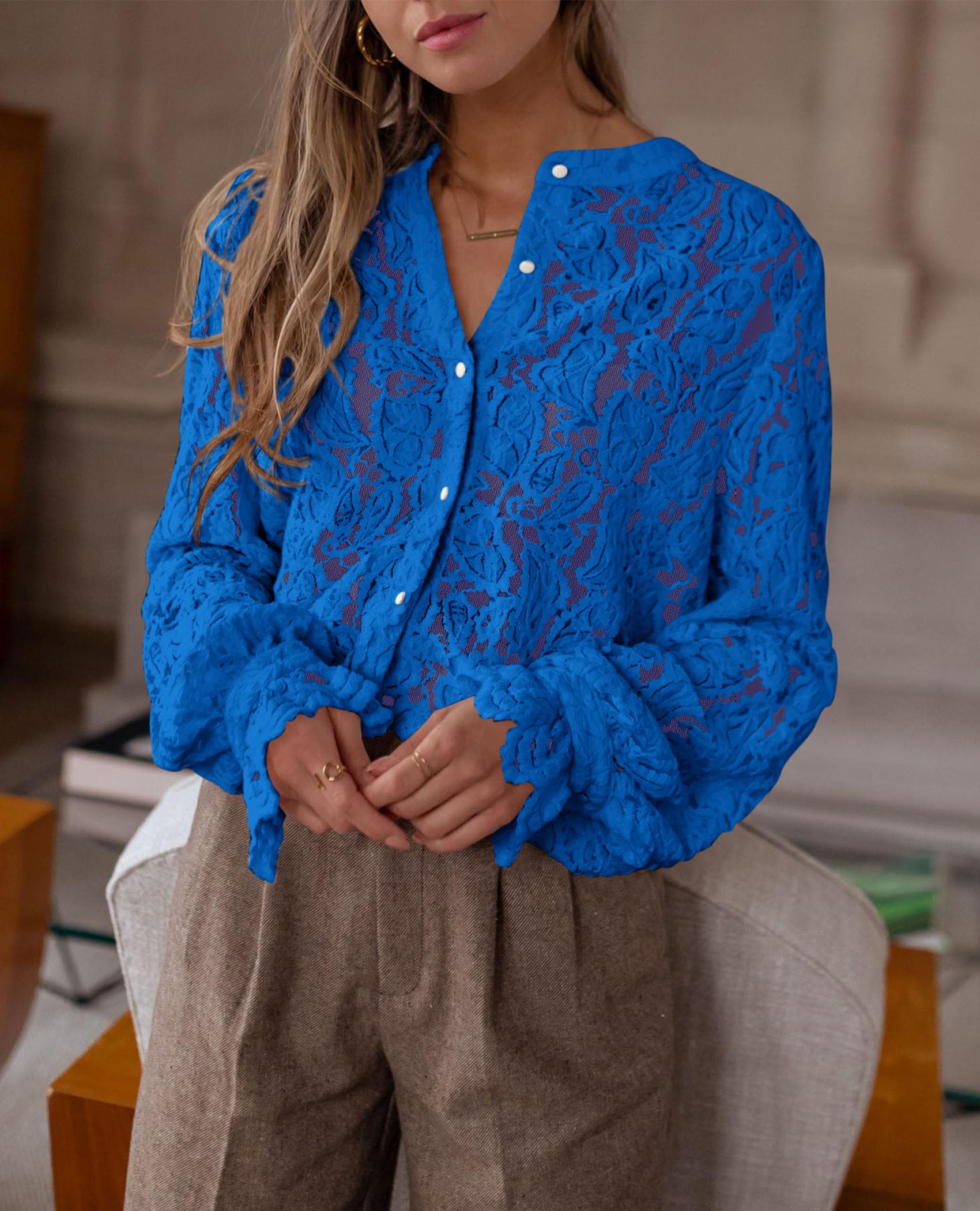 Women's Fall Trendy Long Sleeve Lace Tops(Blue,Small)