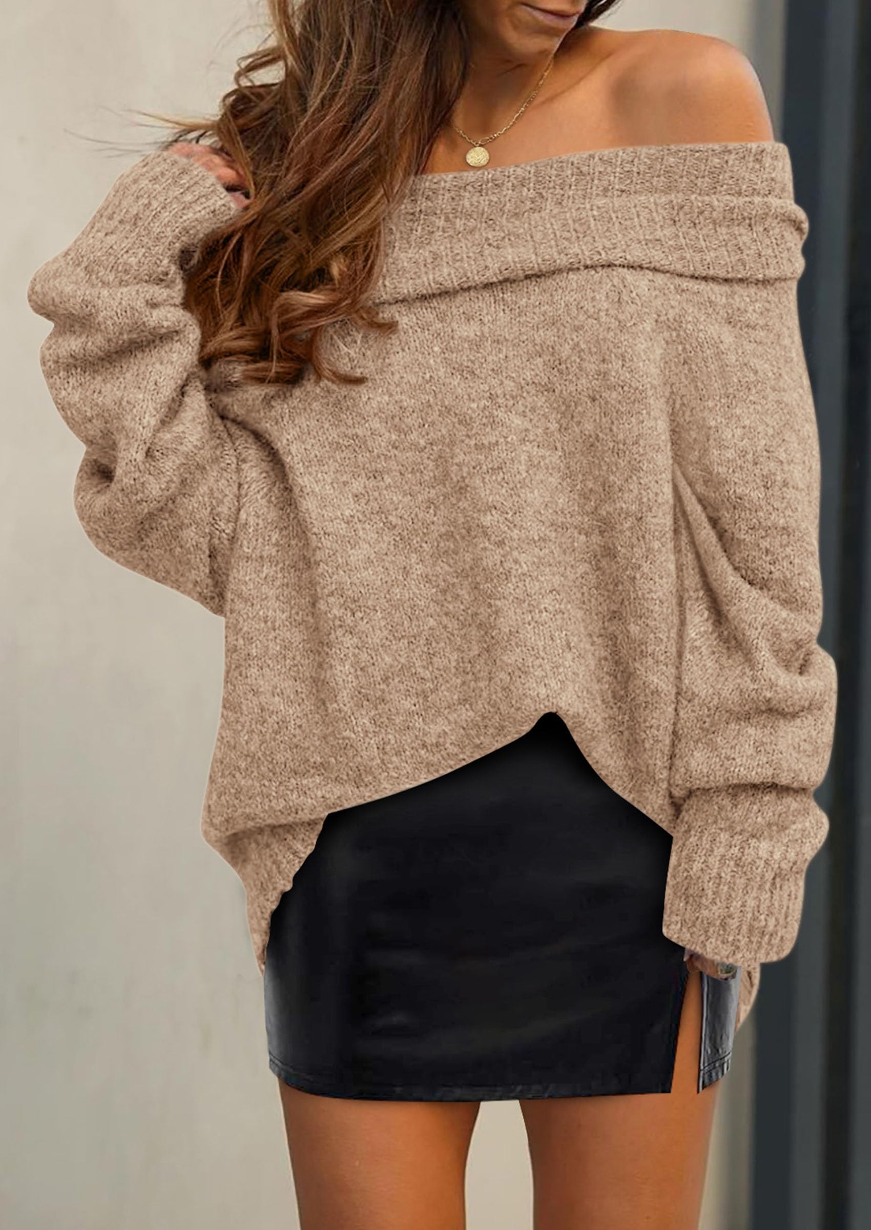 Women's Fall Off The Shoulder Sweater,Khaki,S