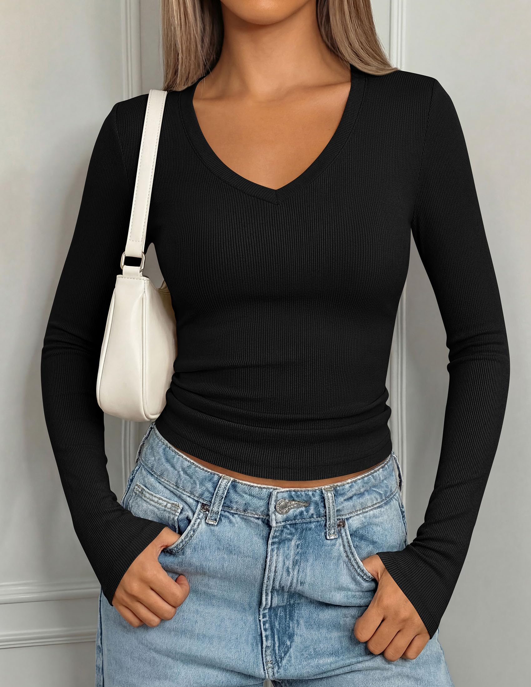 Womens Long Sleeve Ribbed V Neck Knit Shirts(Black,S)