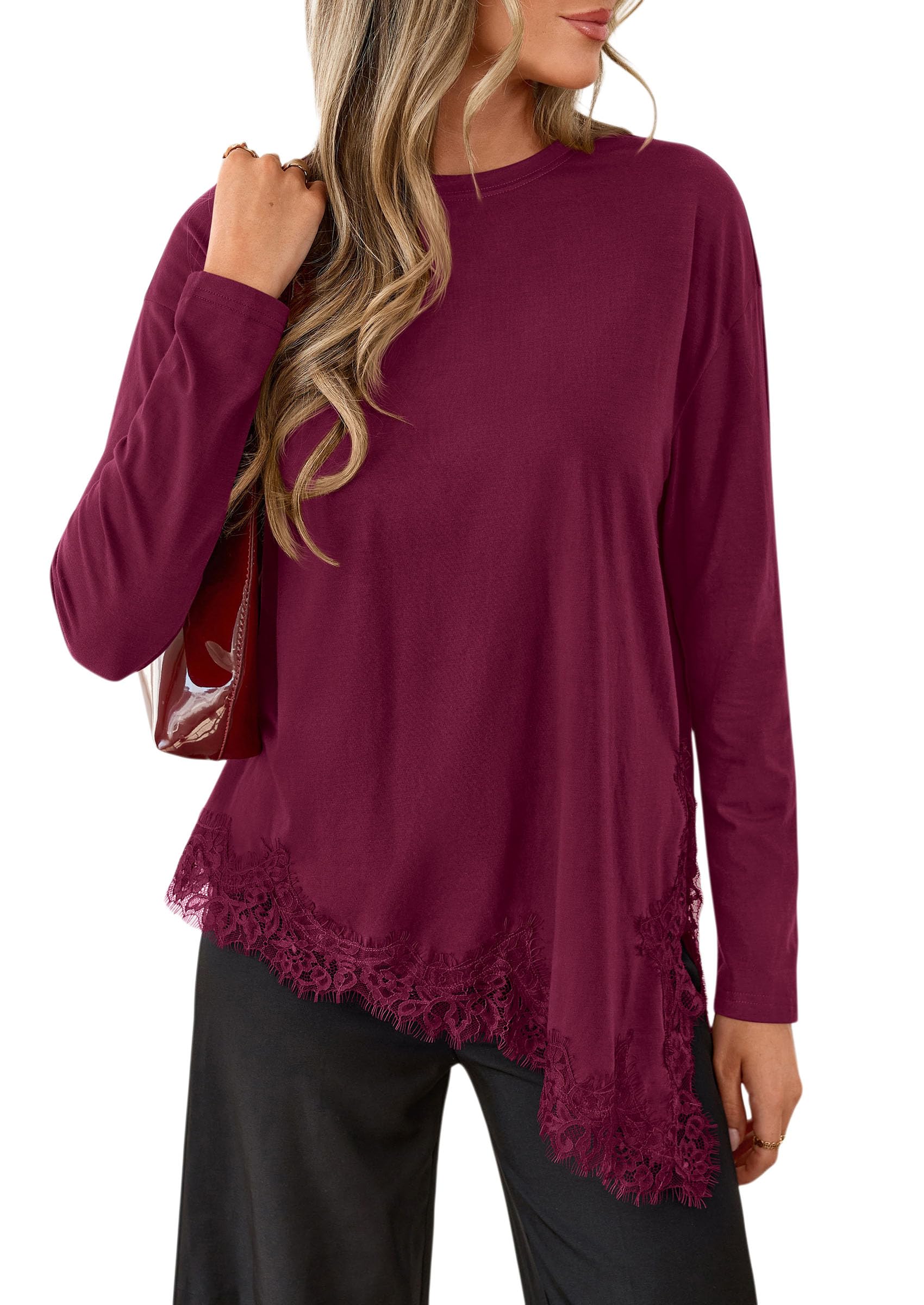 Women's Long Sleeve Asymmetrical Lace Tops Oversized Tshirts