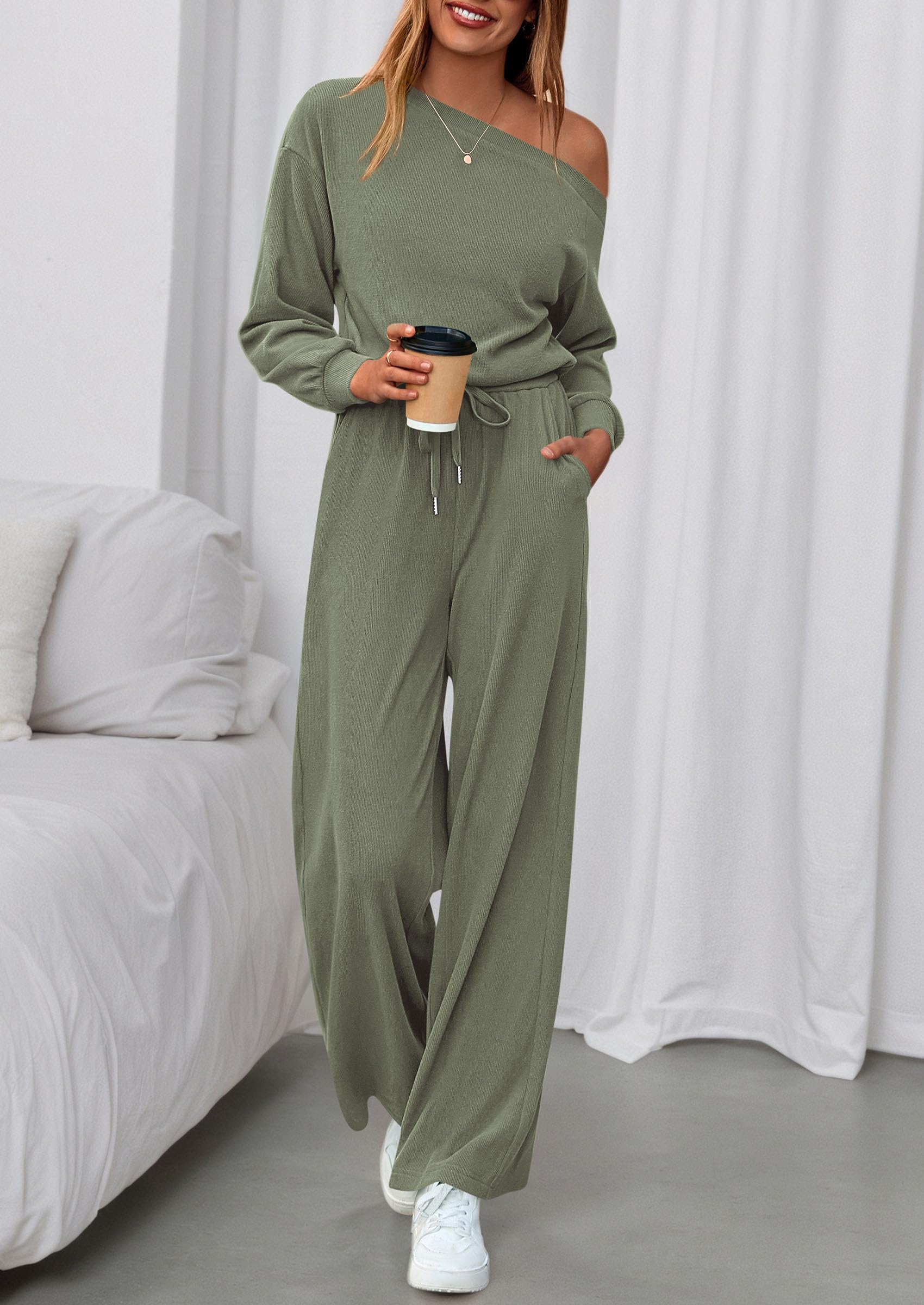 Womens Off Shoulder Long Sleeve Jumpsuit,Bean Green,S