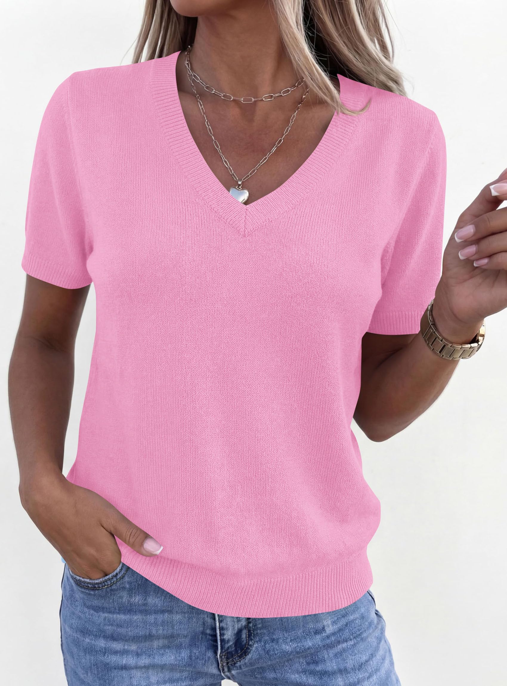 Womens Short Sleeve Sweater V Neck Tops,Pink,S