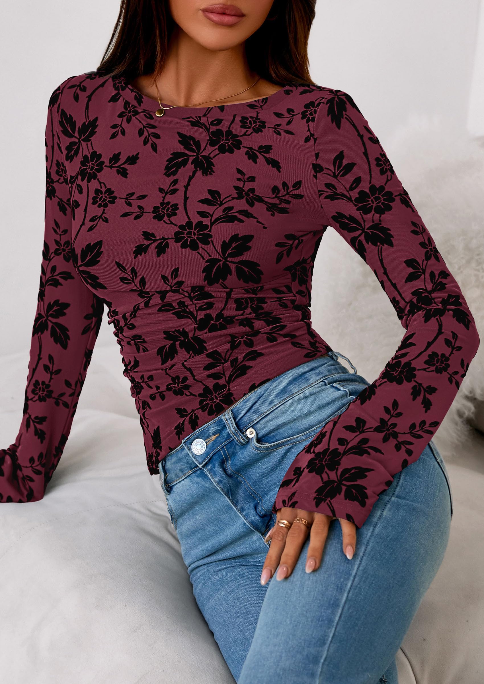 Women's Long Bell Sleeve Y2K Tops Boho Floral Mesh Blouses