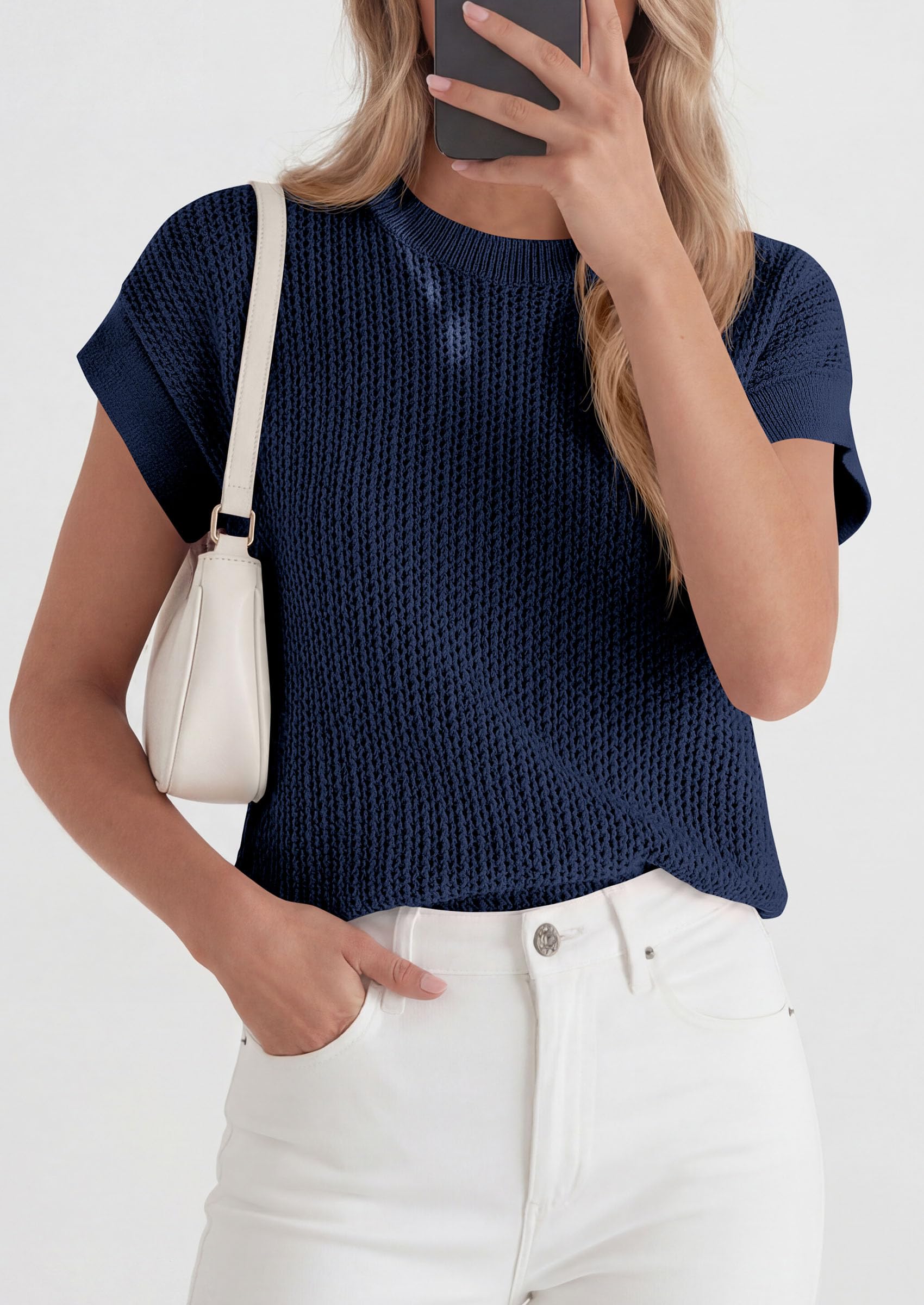 Women's Summer Sweater Vest Crochet Tops (Navy Blue,S)