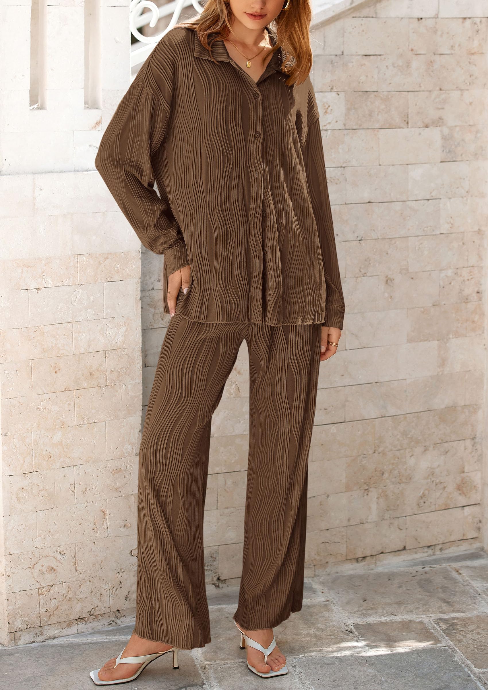 Womens 2 Piece Sets Button Down Lounge Tracksuit,Coffee,S