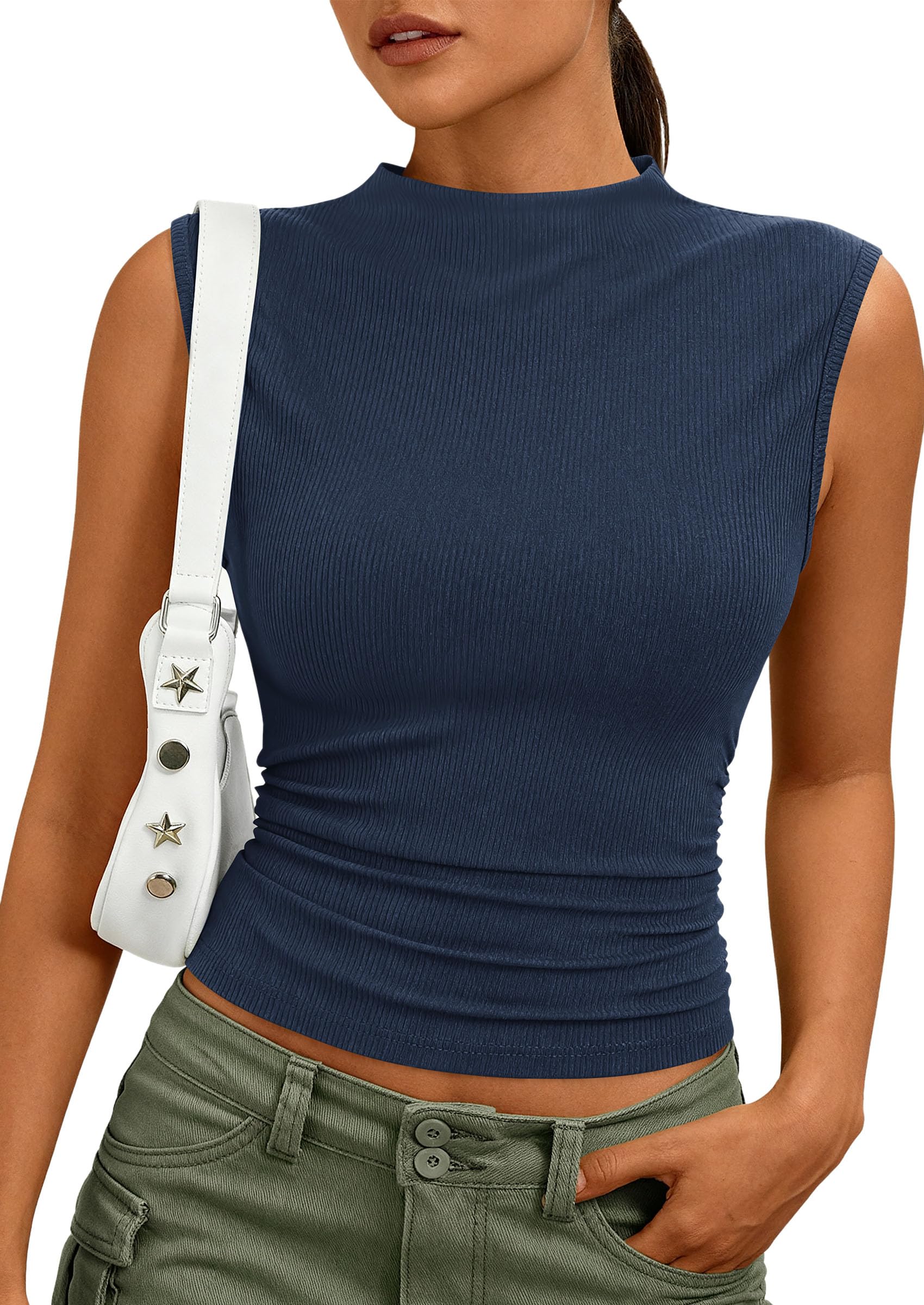 Women's Sleeveless Mock Neck Ribbed Tank Top,Royal Blue,S